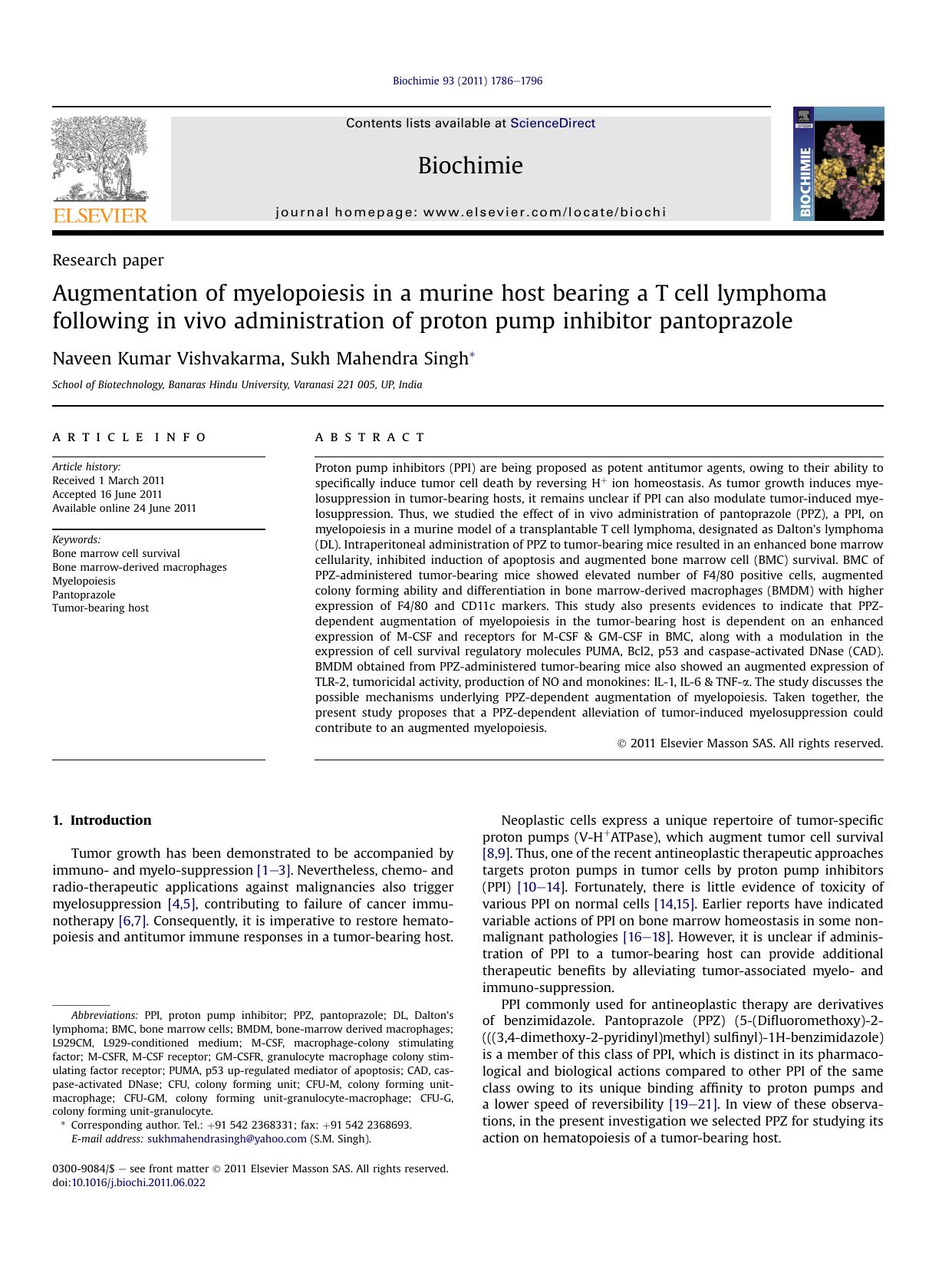 Augmentation of myelopoiesis in a murine host bearing a T cell lymphoma following in&nbsp;vivo administration of proton pump inhibitor pantoprazole by Naveen Kumar Vishvakarma & Sukh Mahendra Singh