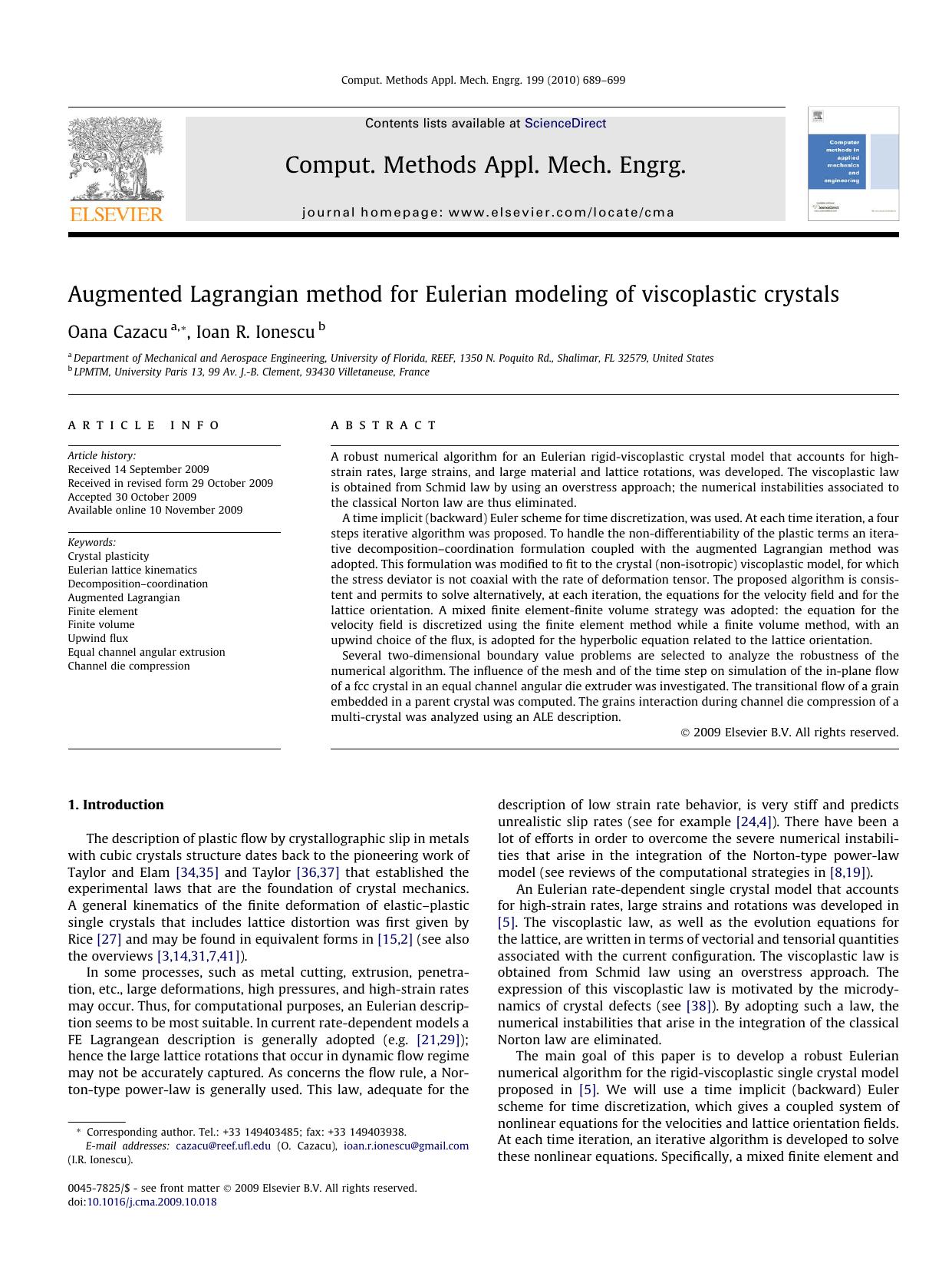 Augmented Lagrangian method for Eulerian modeling of viscoplastic crystals by Oana Cazacu; Ioan R. Ionescu
