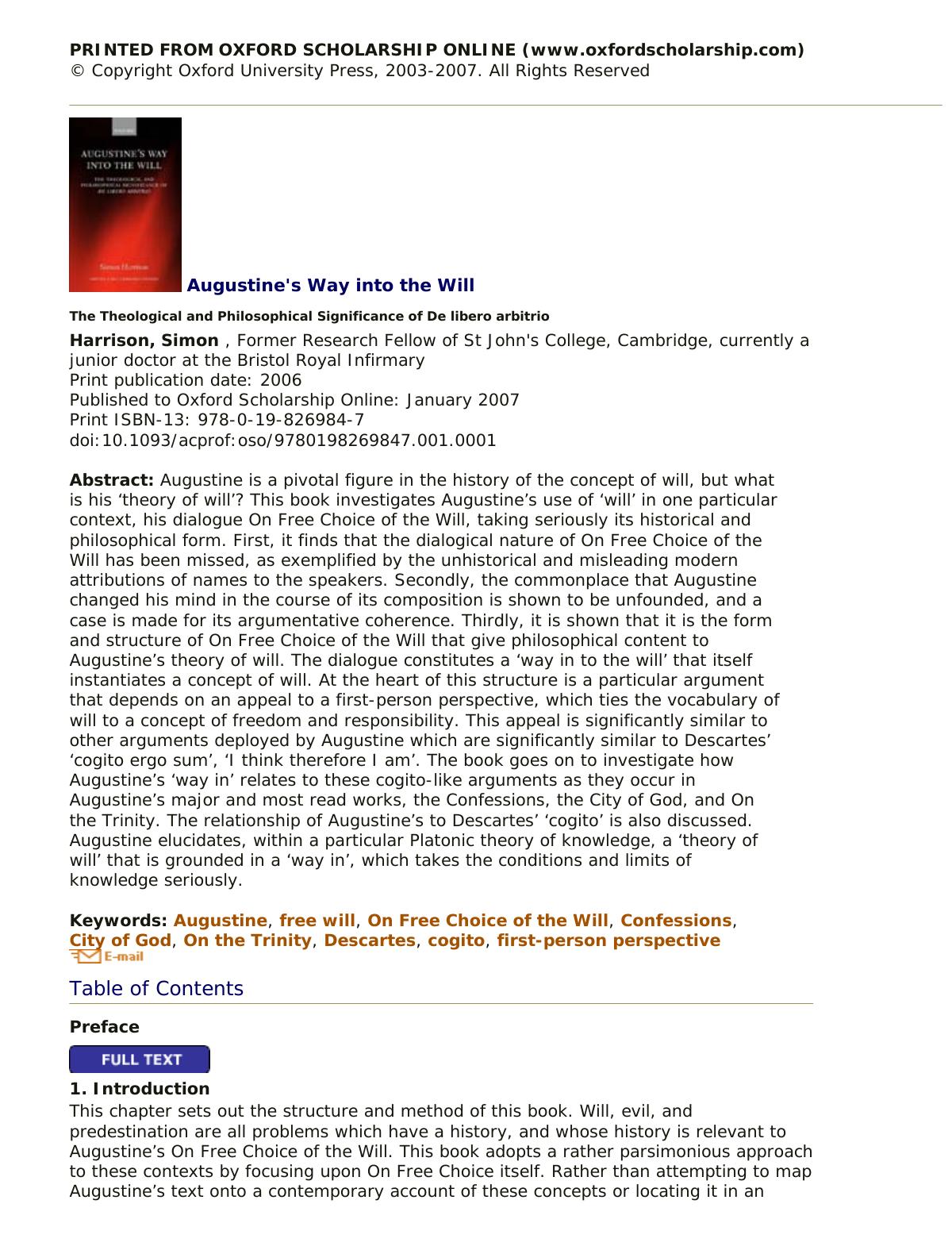 Augustine's Way into the Will: The Theological and Philosophical Significance of De libero arbitrio (Oxford Early Christian Studies) by Simon Harrison