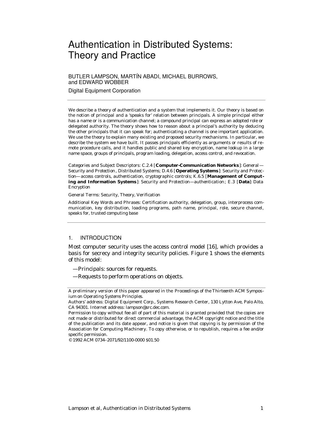 Authentication in Distributed Systems by Theory & Practice