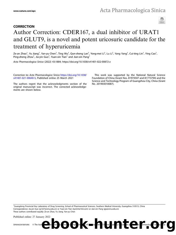 Author Correction: CDER167, a dual inhibitor of URAT1 and GLUT9, is a novel and potent uricosuric candidate for the treatment of hyperuricemia by unknow