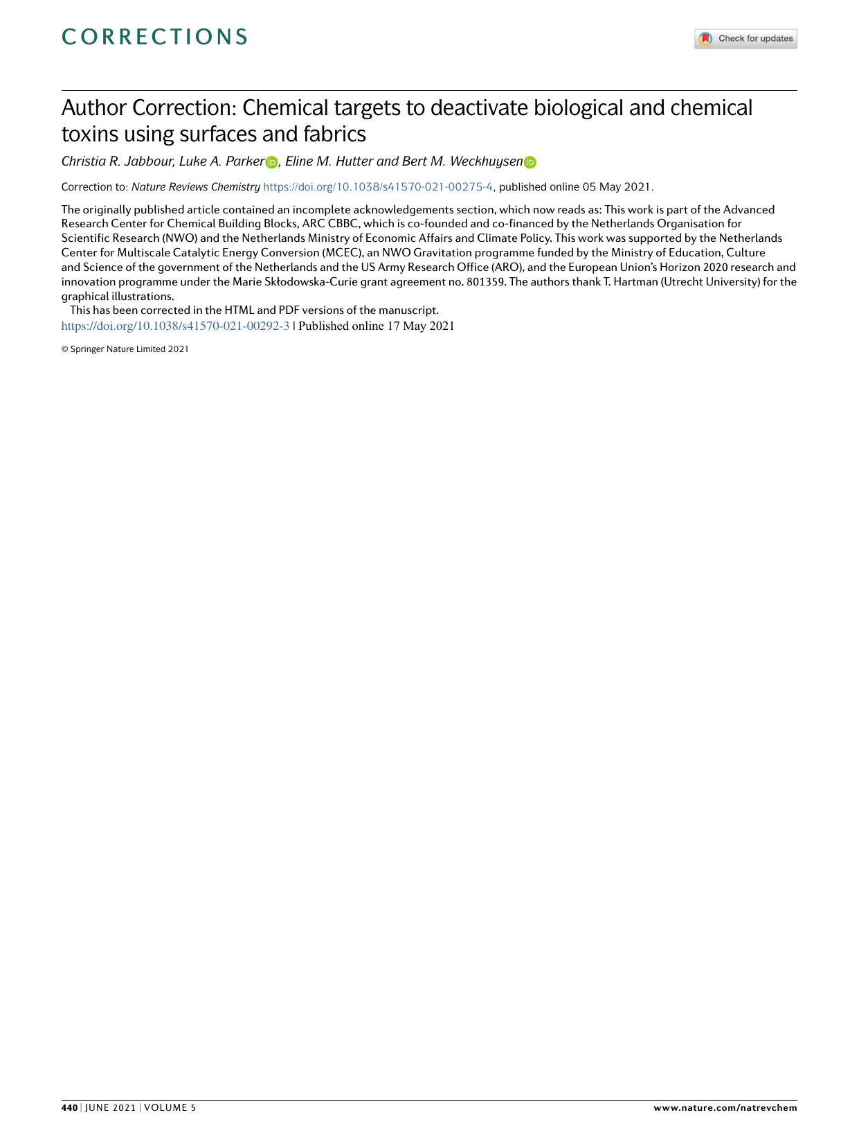 Author Correction: Chemical targets to deactivate biological and chemical toxins using surfaces and fabrics by Christia R. Jabbour & Luke A. Parker & Eline M. Hutter & Bert M. Weckhuysen