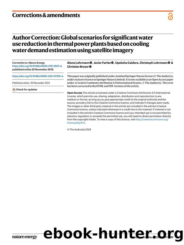 Author Correction: Global scenarios for significant water use reduction in thermal power plants based on cooling water demand estimation using satellite imagery by Alena Lohrmann & Javier Farfan & Upeksha Caldera & Christoph Lohrmann & Christian Breyer