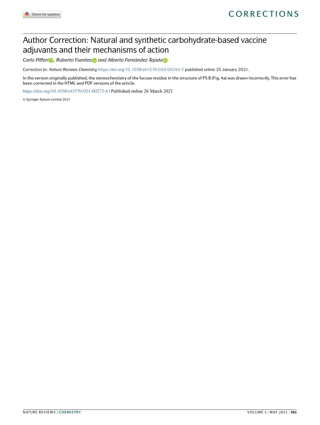 Author Correction: Natural and synthetic carbohydrate-based vaccine adjuvants and their mechanisms of action by Carlo Pifferi & Roberto Fuentes & Alberto Fernández-Tejada