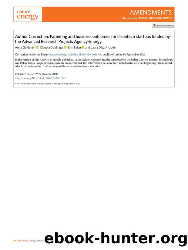 Author Correction: Patenting and business outcomes for cleantech startups funded by the Advanced Research Projects Agency-Energy by Anna Goldstein & Claudia Doblinger & Erin Baker & Laura Díaz Anadón