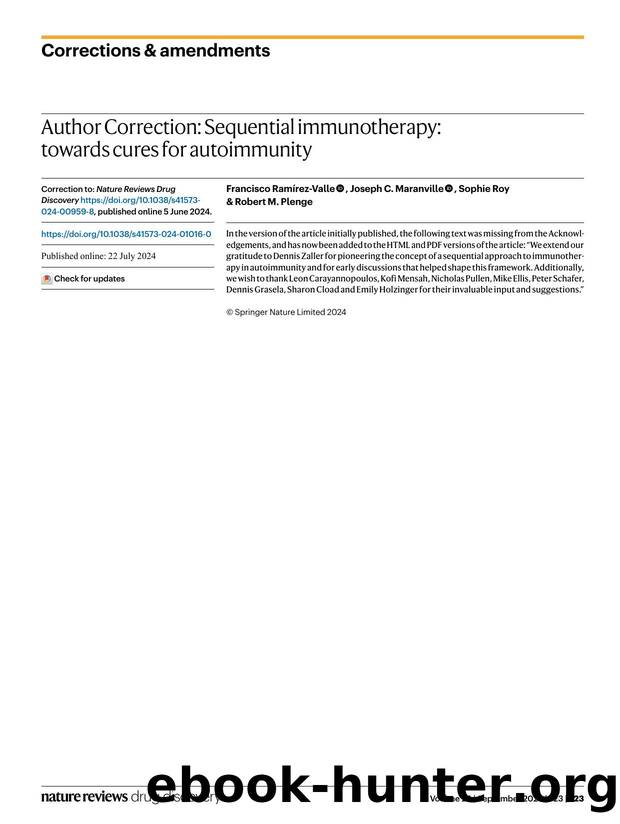 Author Correction: Sequential immunotherapy: towards cures for autoimmunity by Francisco Ramírez-Valle & Joseph C. Maranville & Sophie Roy & Robert M. Plenge