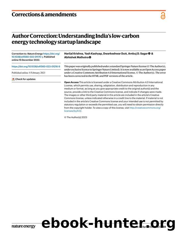 Author Correction: Understanding Indiaâs low-carbon energy technology startup landscape by Harilal Krishna & Yash Kashyap & Dwarkeshwar Dutt & Ambuj D. Sagar & Abhishek Malhotra