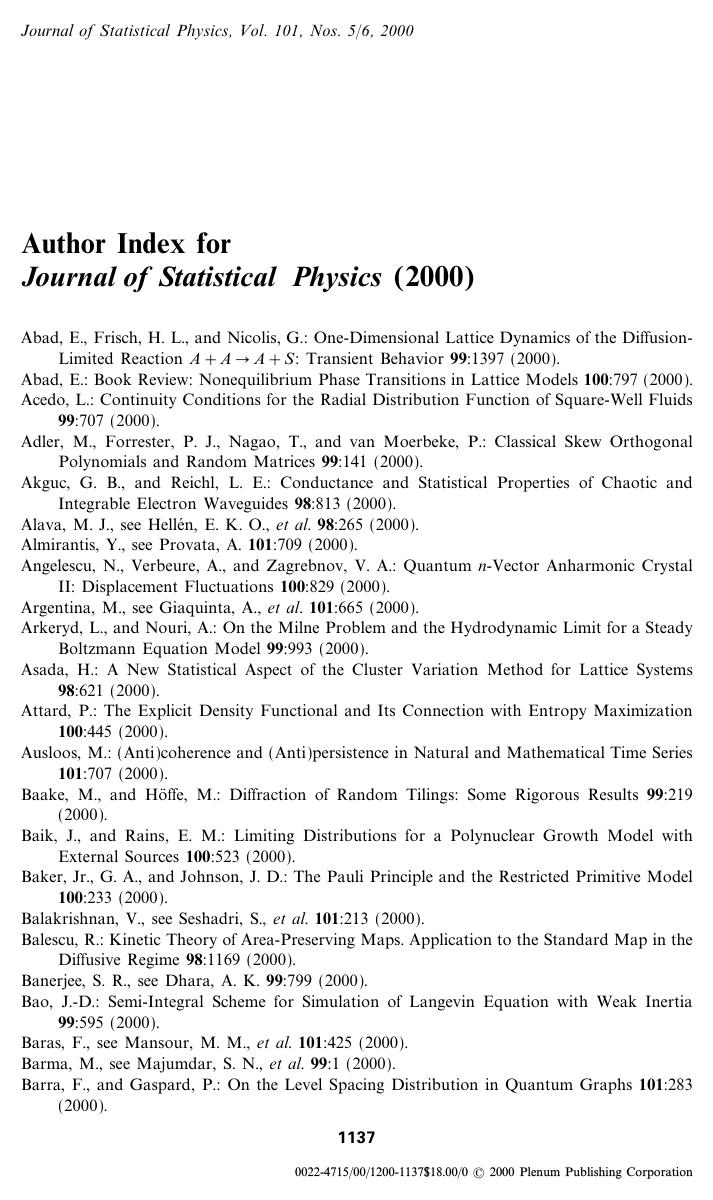 Author Index for Journal of Statistical Physics (2000) by Unknown