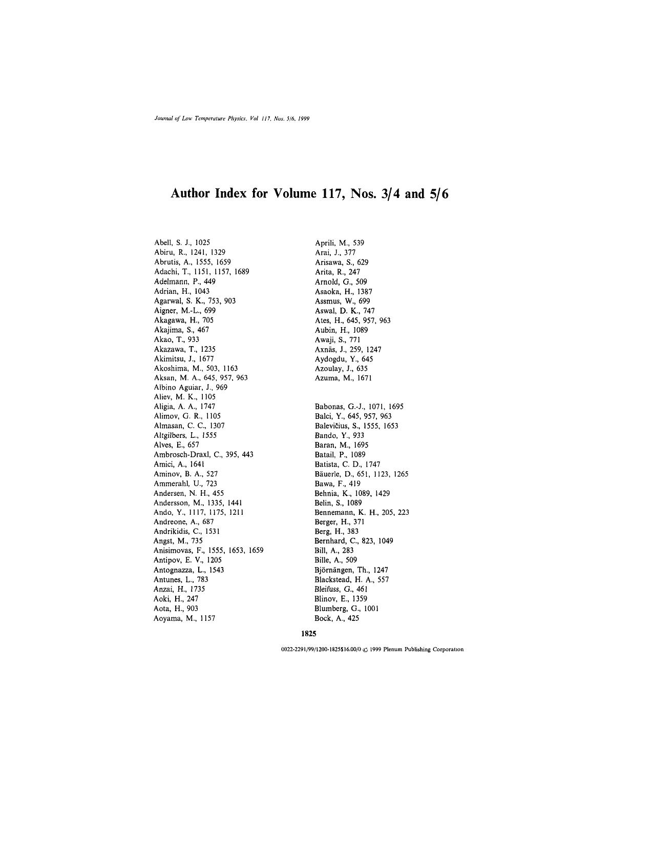 Author Index for Volume 117, Nos. 34 and 56 by Unknown