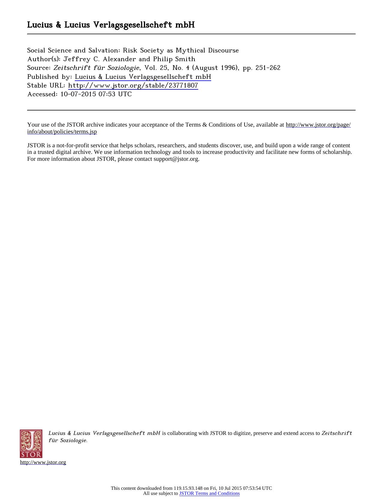 Author(s) Jeffrey C. Alexander and Philip Smith by Social Science & Salvation Risk Society as Mythical Discourse