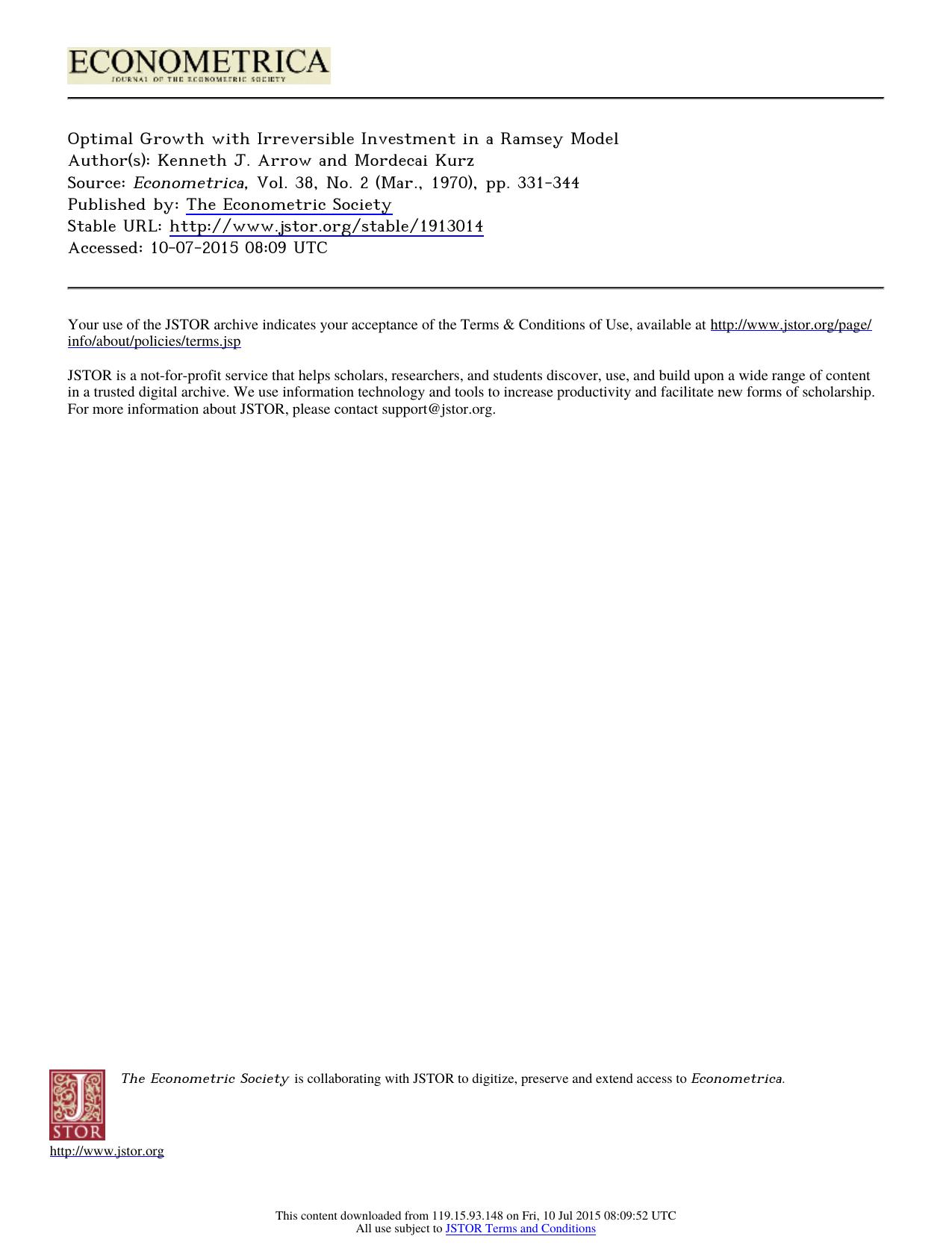 Author(s) Kenneth J. Arrow and Mordecai Kurz by Optimal Growth & Irreversible Investment in a Ramsey Model