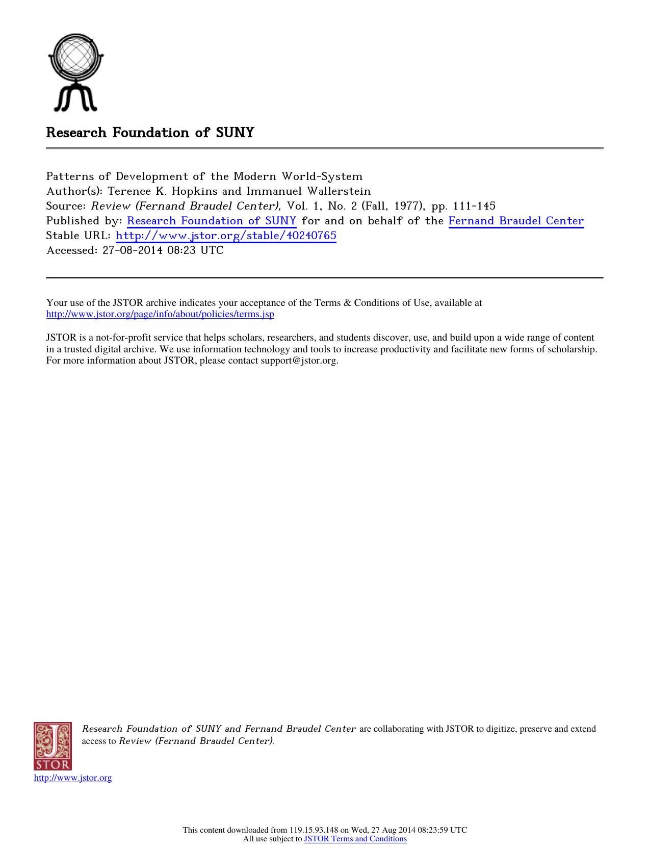 Author(s) Terence K. Hopkins and Immanuel Wallerstein by Patterns of Development of the Modern World-System