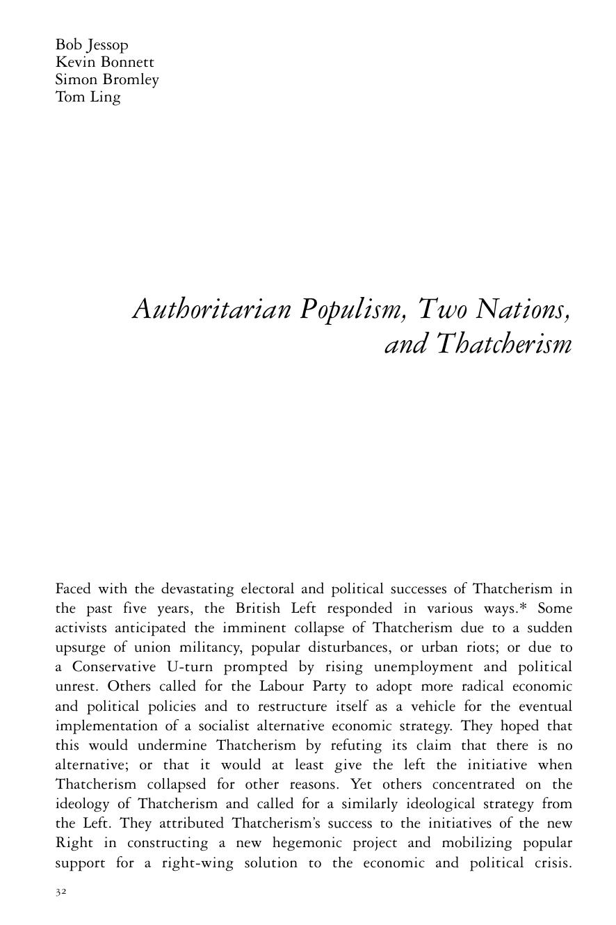 Authoritarian Populism, Two Nations, and Thatcherism by Bob Jessop - Kevin Bonnett - Simon Bromley - Tom Ling