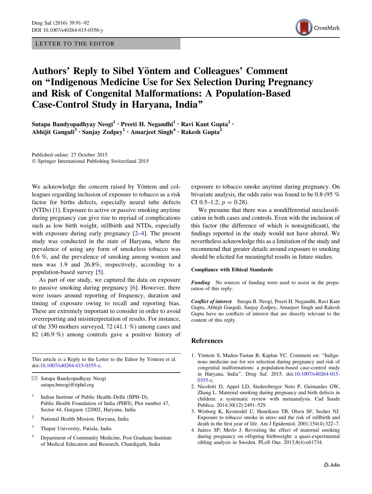 Authorsâ Reply to Sibel YÃ¶ntem and Colleaguesâ Comment on âIndigenous Medicine Use for Sex Selection During Pregnancy and Risk of Congenital Malformations: A Population-Base by unknow