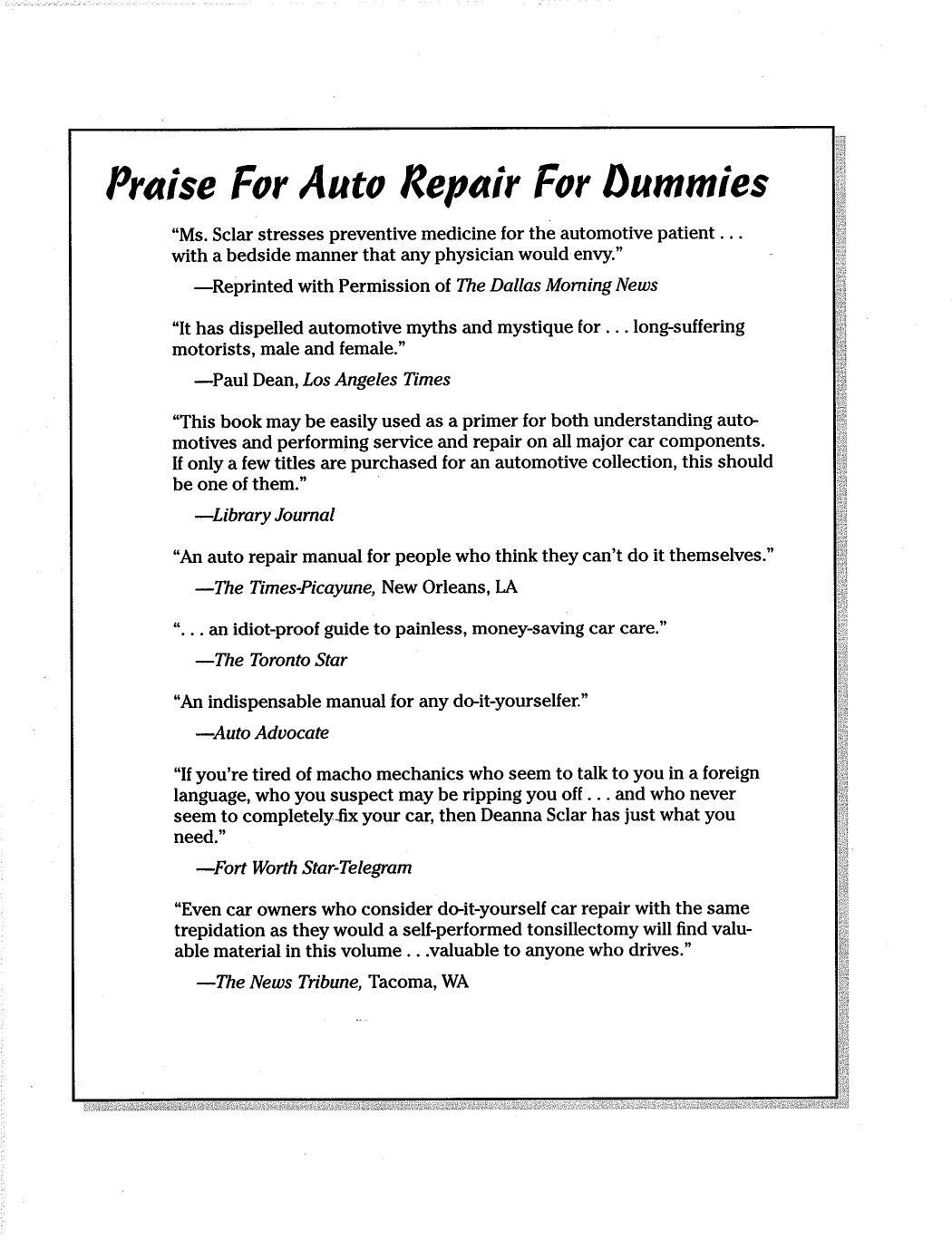 Auto Repair for Dummies by D Sclar (1999) WW
