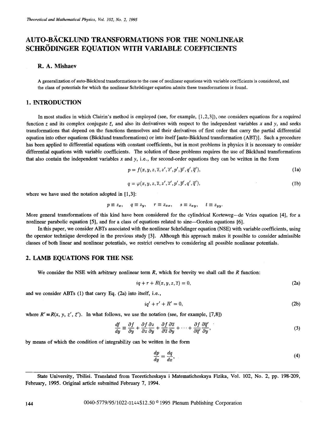 Auto-Bäcklund transformations for the nonlinear Schrödinger equation with variable coefficients by Unknown