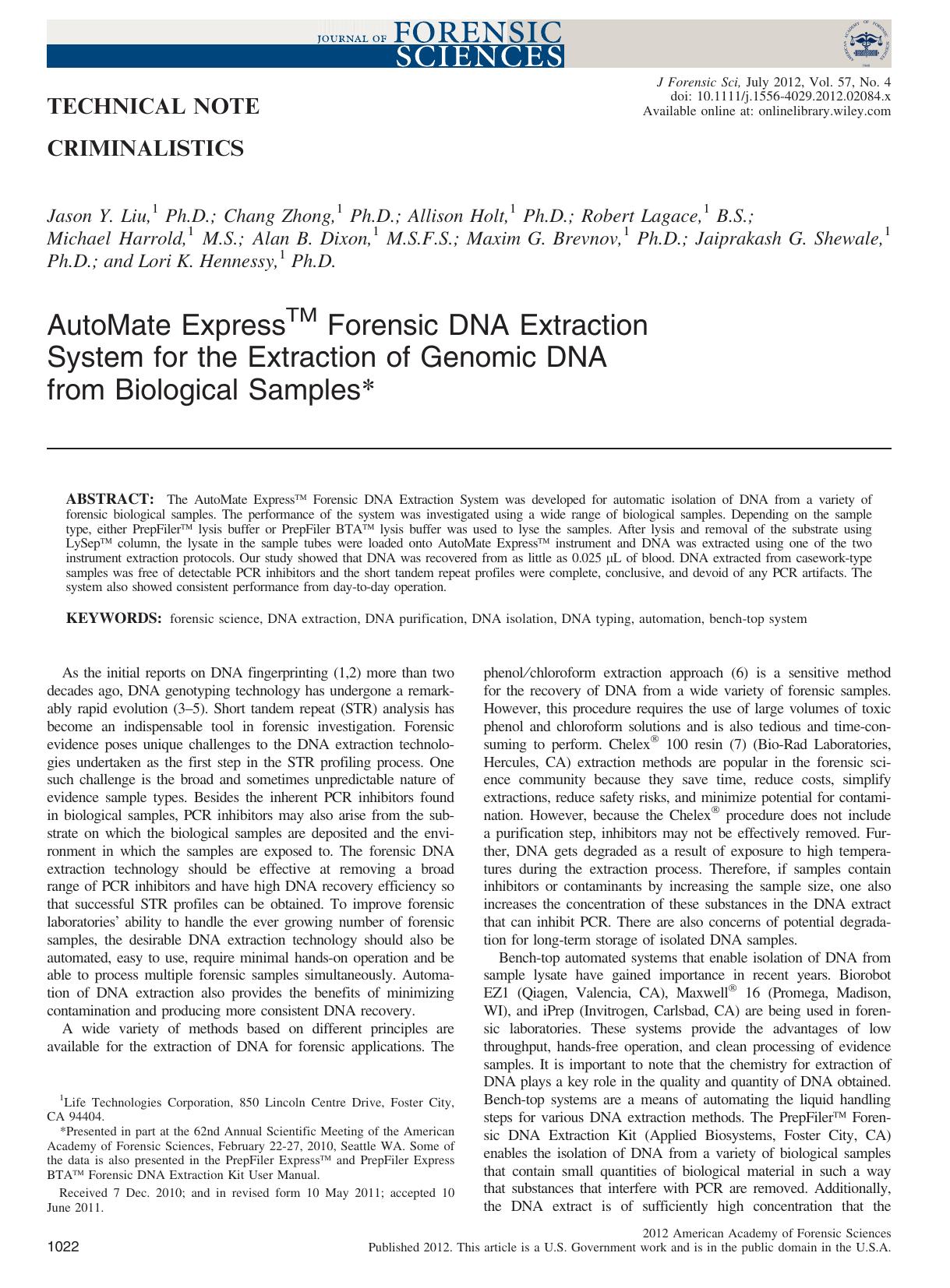 AutoMate Express Forensic DNA Extraction System for the Extraction of Genomic DNA from Biological Samples by Unknown
