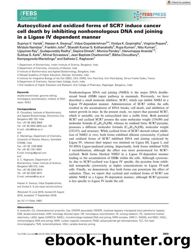 Autocyclized and oxidized forms of SCR7 induce cancer cell death by inhibiting nonhomologous DNA end joining in a Ligase IV dependent manner by Unknown