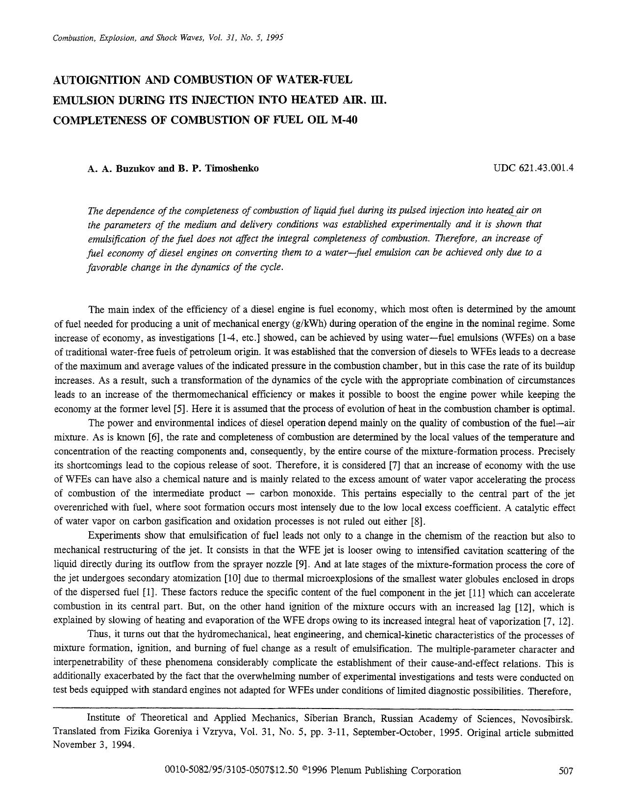 Autoignition and combustion of water-fuel emulsion during its injection into heated air. III. Completeness of combustion of fuel oil M-40 by Unknown