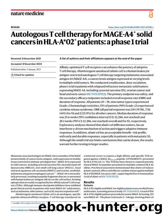 Autologous T cell therapy for MAGE-A4+ solid cancers in HLA-A*02+ patients: a phase 1 trial by unknow
