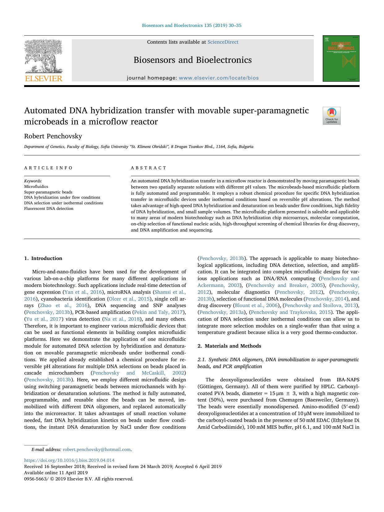 Automated DNA hybridization transfer with movable super-paramagnetic microbeads in a microflow reactor by Robert Penchovsky