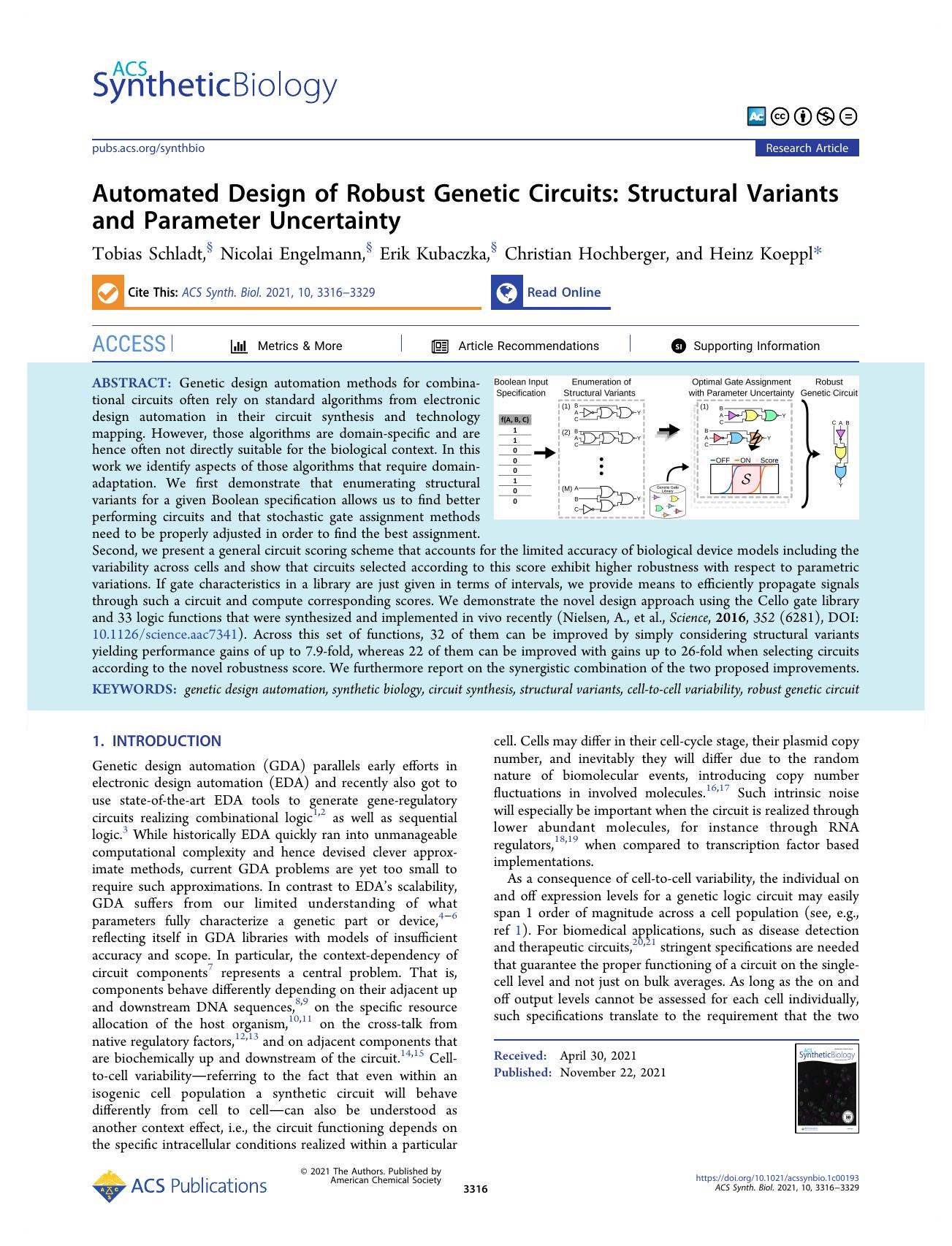 Automated Design of Robust Genetic Circuits: Structural Variants and Parameter Uncertainty by Tobias Schladt Nicolai Engelmann Erik Kubaczka Christian Hochberger and Heinz Koeppl