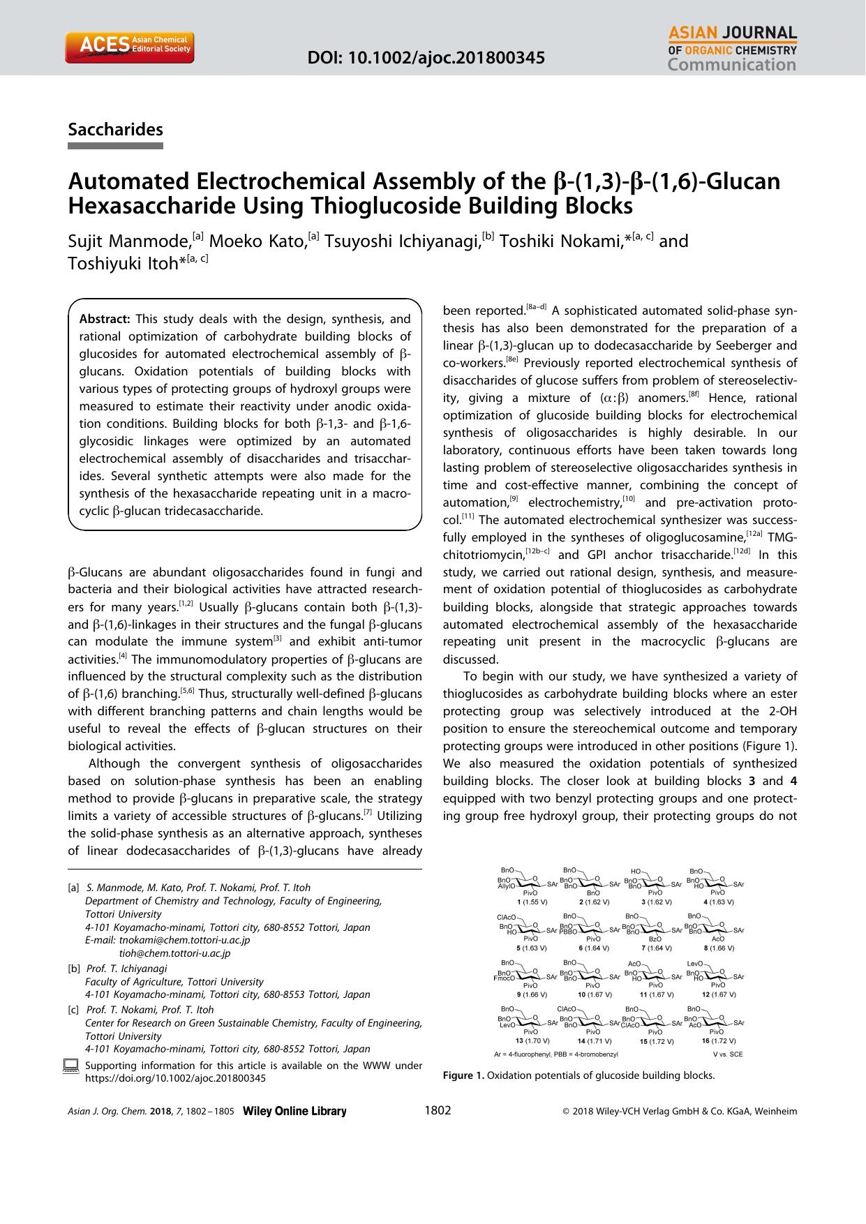 Automated Electrochemical Assembly of the Î²â(1,3)âÎ²â(1,6)âGlucan Hexasaccharide Using Thioglucoside Building Blocks by Unknown