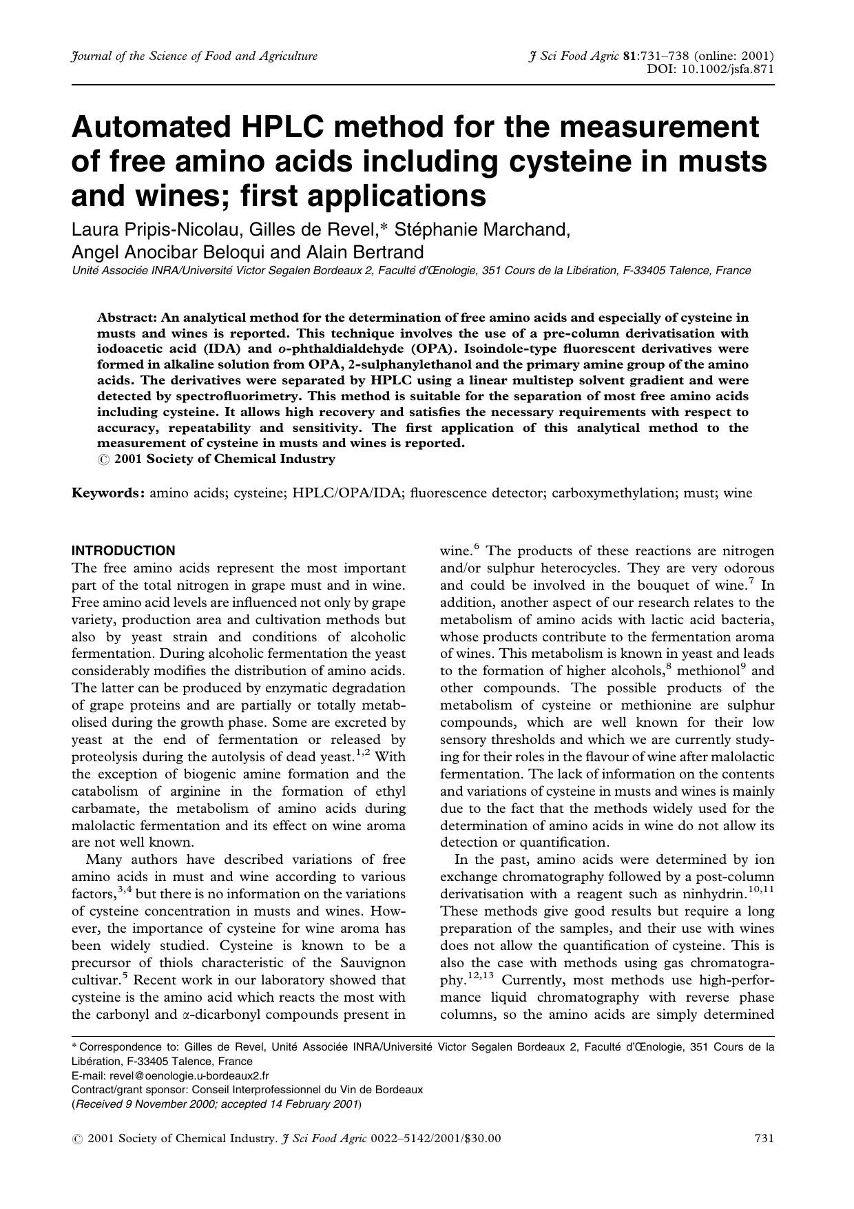 Automated HPLC method for the measurement of free amino acids including cysteine in musts and wines; first applications by Unknown