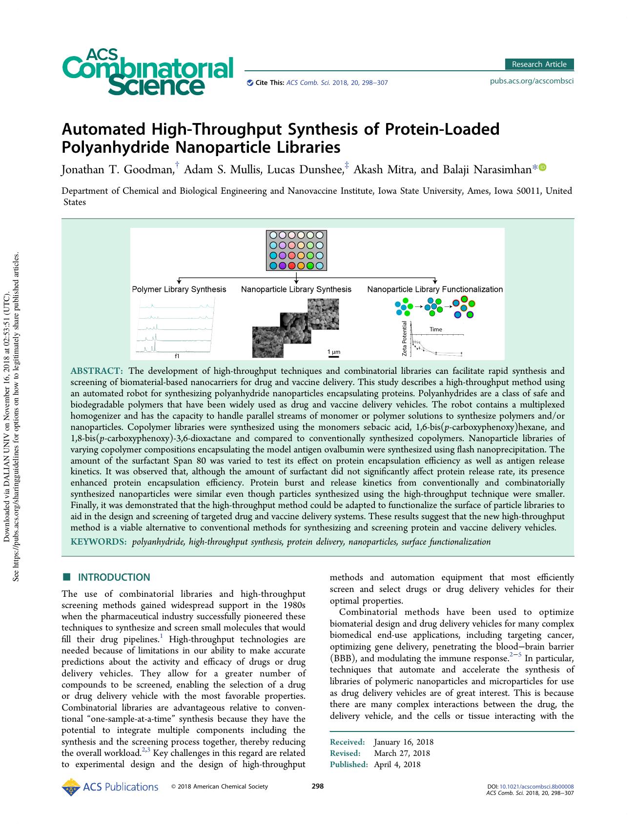 Automated High-Throughput Synthesis of Protein-Loaded Polyanhydride Nanoparticle Libraries by Jonathan T. Goodman & Adam S. Mullis & Lucas Dunshee & Akash Mitra & Balaji Narasimhan
