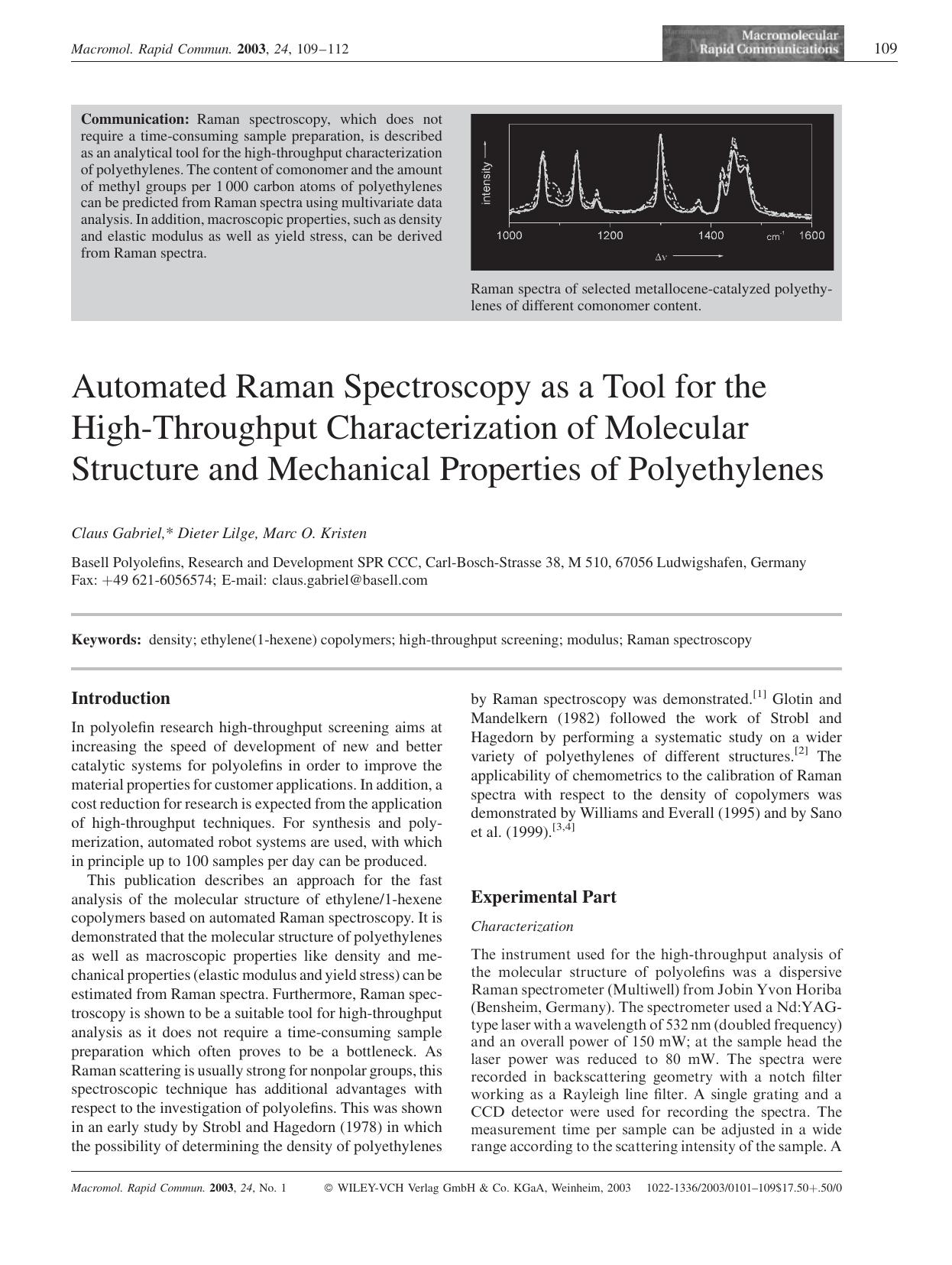 Automated Raman Spectroscopy as a Tool for the High-Throughput Characterization of Molecular Structure and Mechanical Properties of Polyethylenes by Unknown
