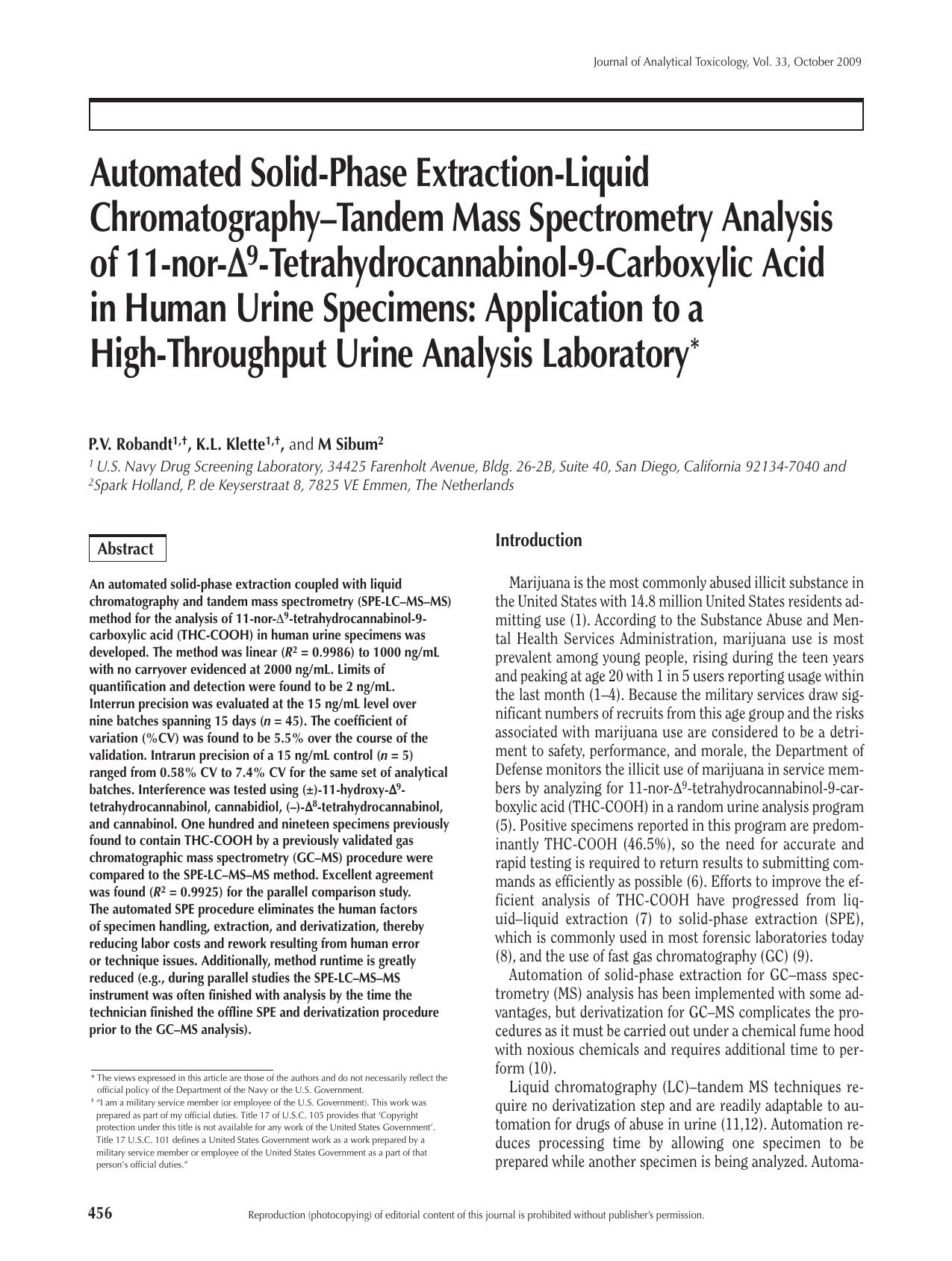 Automated Solid-Phase E-LCâTMS Analysis of 11-nor-delta9-tetrah by K.L. Klette