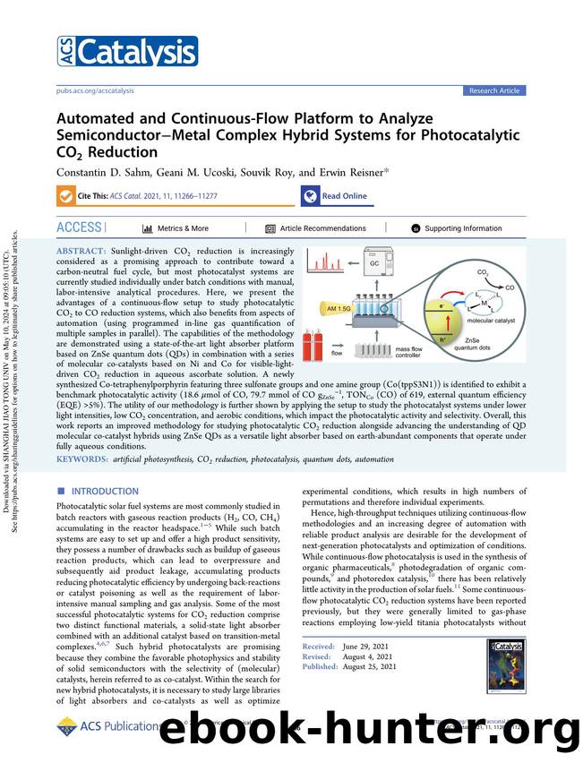 Automated and Continuous-Flow Platform to Analyze SemiconductorâMetal Complex Hybrid Systems for Photocatalytic CO2 Reduction by Constantin D. Sahm Geani M. Ucoski Souvik Roy & Erwin Reisner