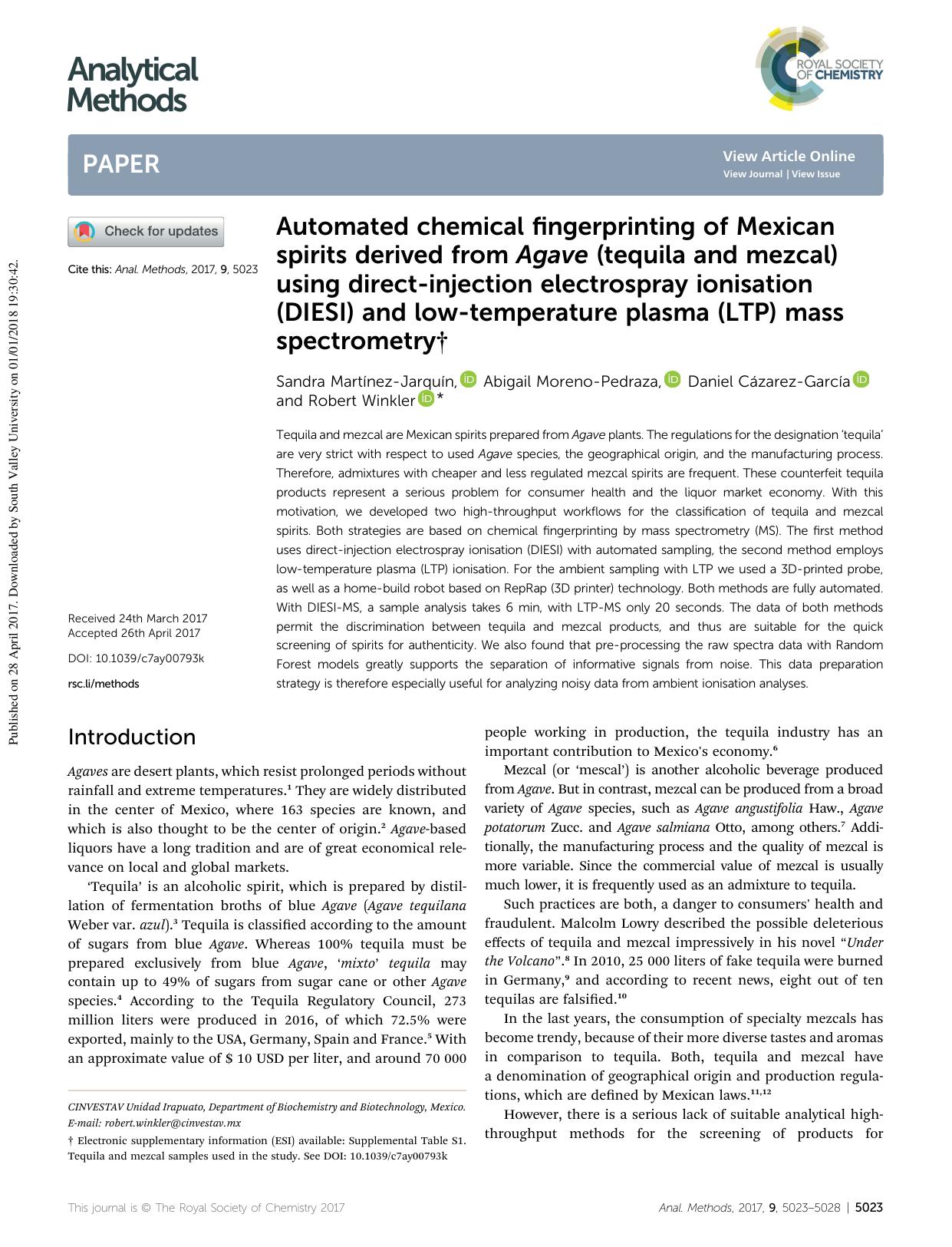 Automated chemical fingerprinting of Mexican spirits derived from Agave (tequila and mezcal) using direct-injection electrospray ionisation (DIESI) and low-temperature plasma (LTP) mass spectrometry by Sandra Martínez-Jarquín & Abigail Moreno-Pedraza & Daniel Cázarez-García & Robert Winkler