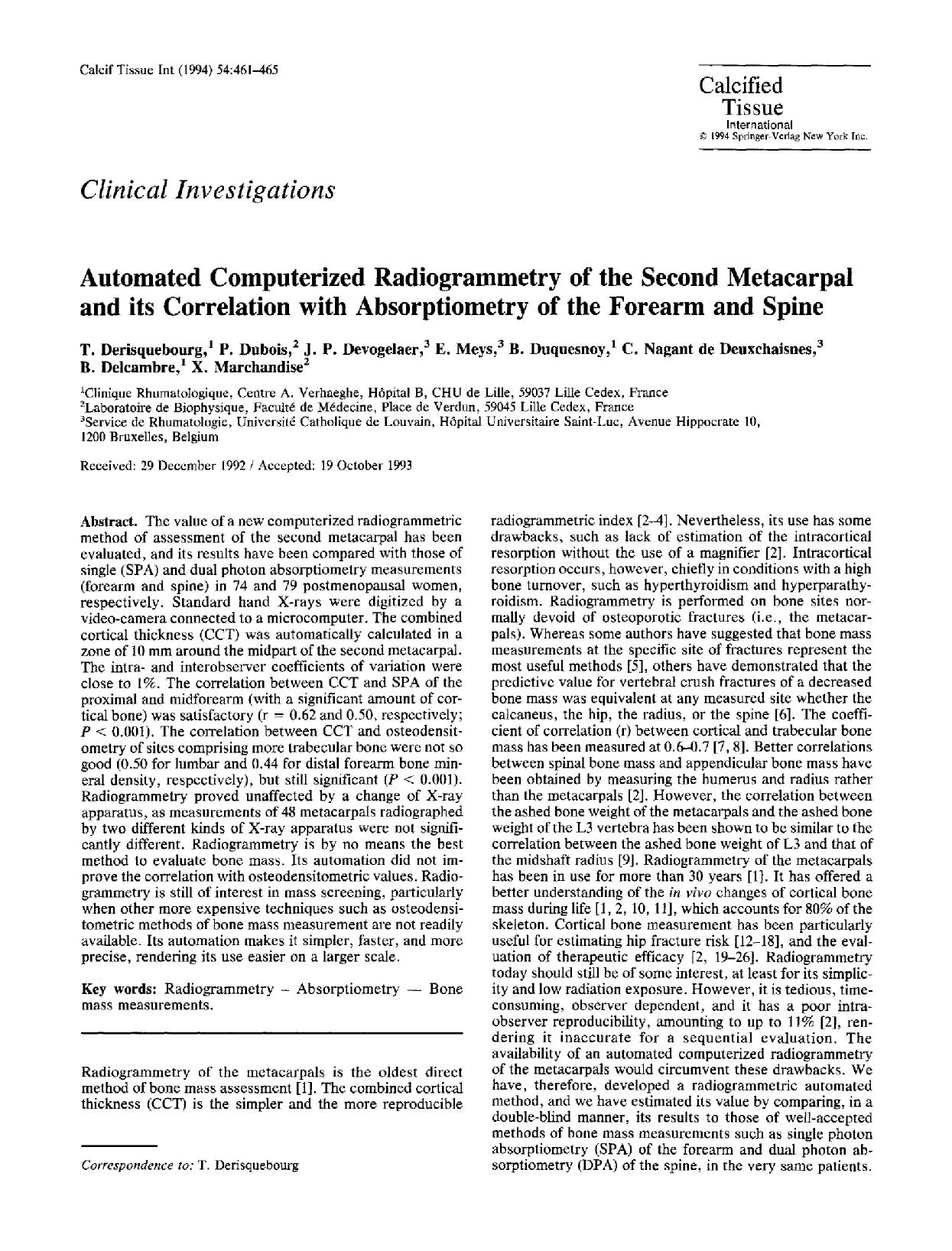 Automated computerized radiogrammetry of the second metacarpal and its correlation with absorptiometry of the forearm and spine by Unknown