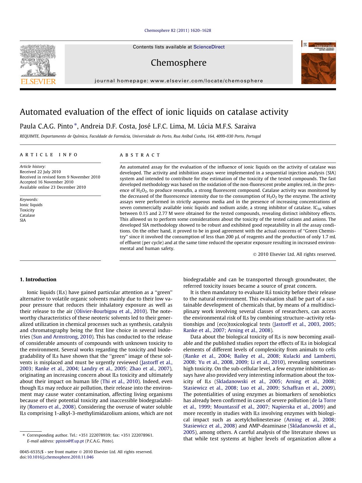 Automated evaluation of the effect of ionic liquids on catalase activity by Paula C.A.G. Pinto & Andreia D.F. Costa & José L.F.C. Lima & M. Lúcia M.F.S. Saraiva