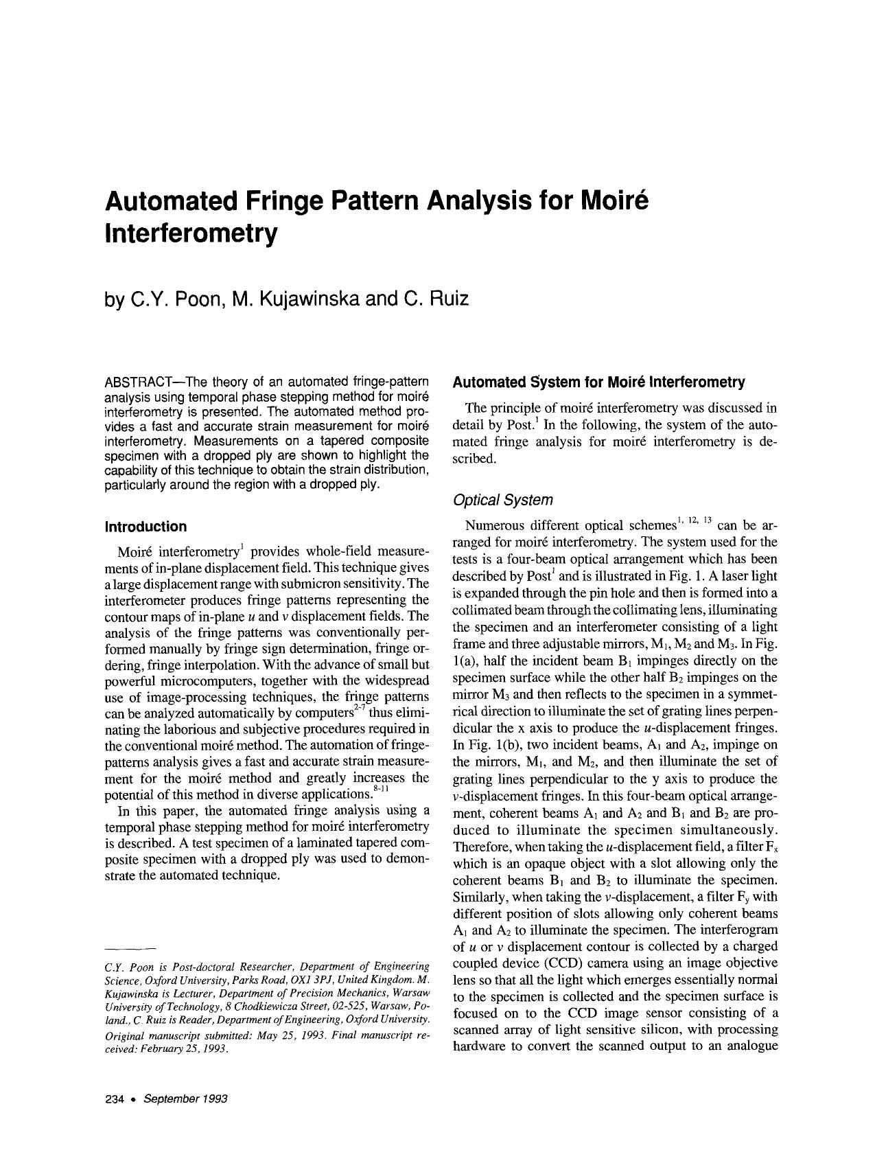 Automated fringe pattern analysis for moiré interferometry by Unknown