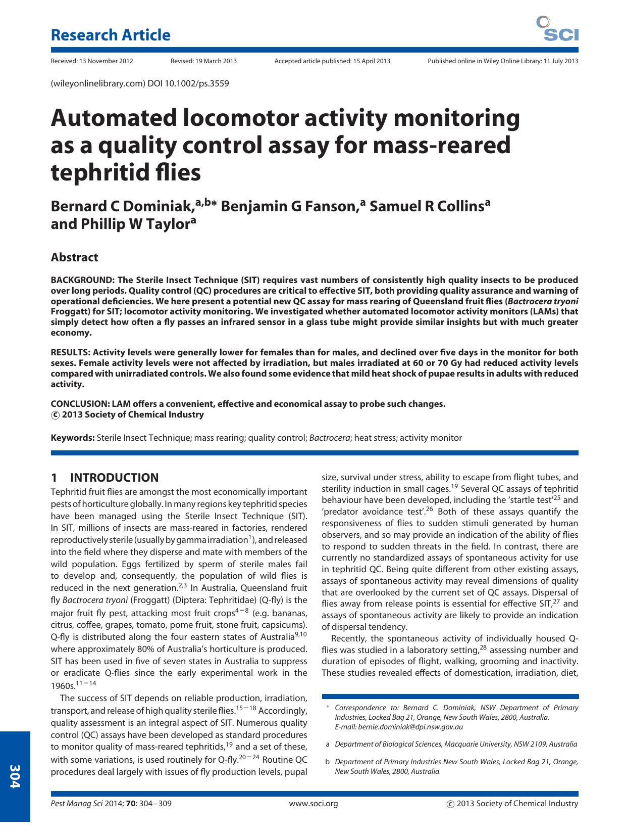 Automated locomotor activity monitoring as a quality control assay for massreared tephritid flies by Unknown