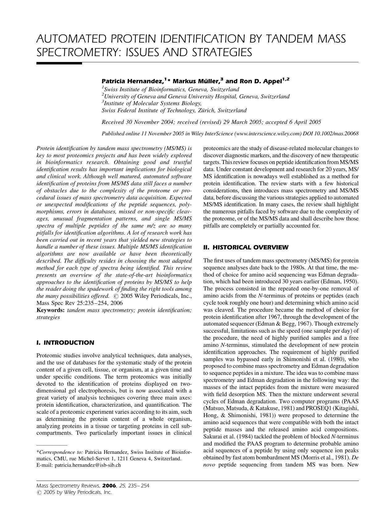Automated protein identification by tandem mass spectrometry: Issues and strategies by Unknown