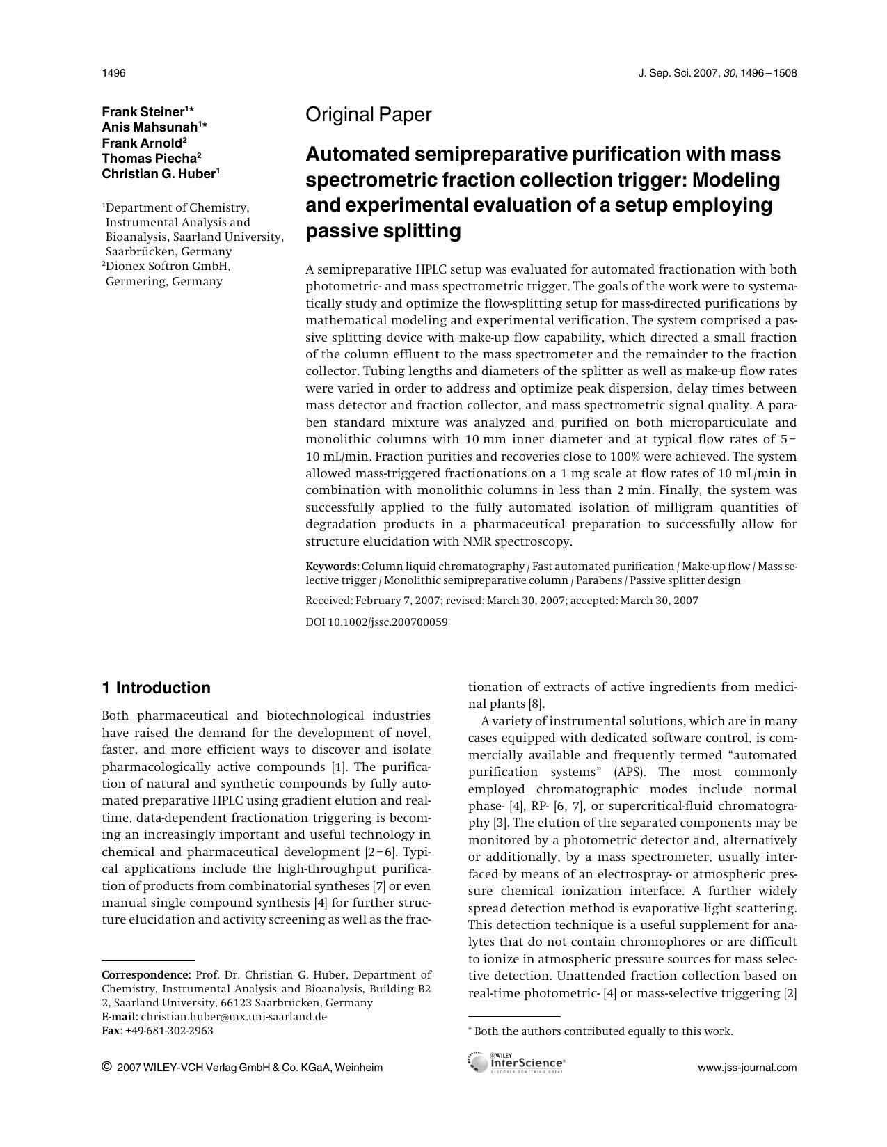 Automated semipreparative purification with mass spectrometric fraction collection trigger: Modeling and experimental evaluation of a setup employing passive splitting by Unknown