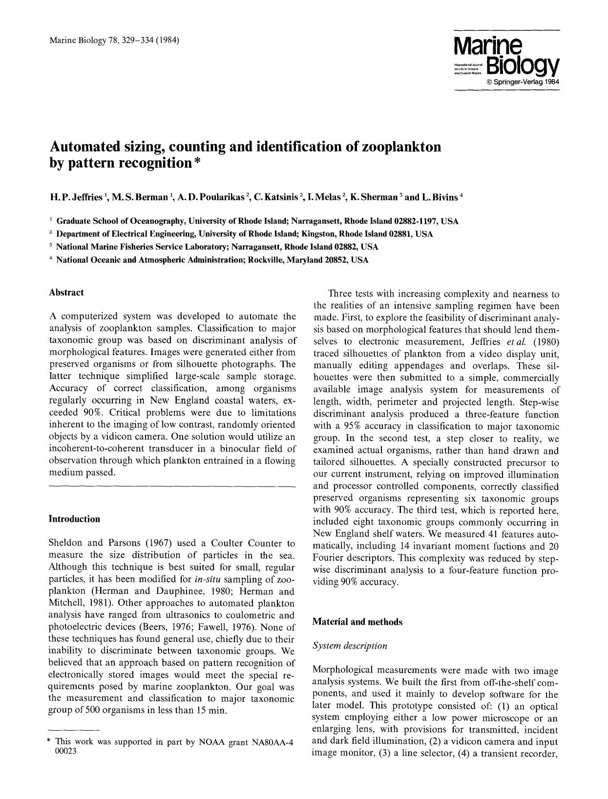 Automated sizing, counting and identification of zooplankton by pattern recognition by Unknown