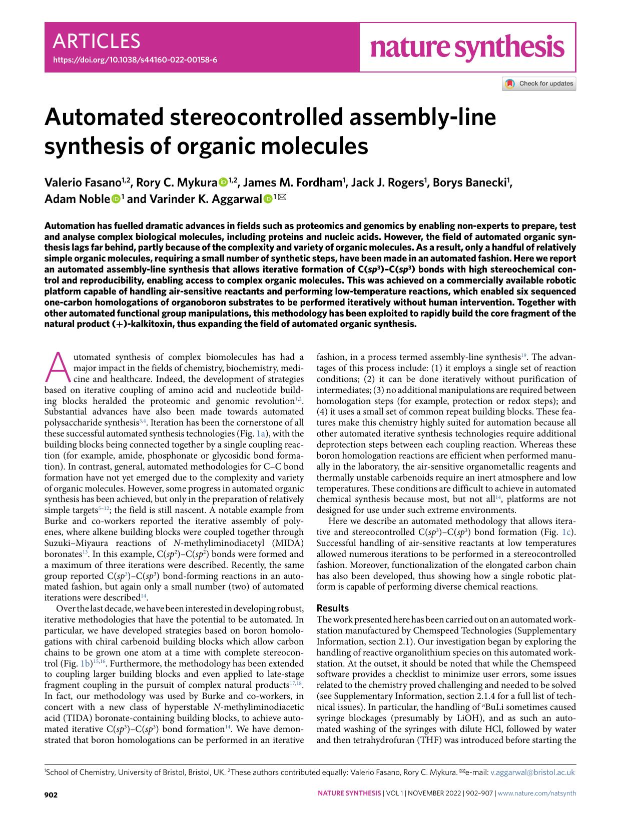 Automated stereocontrolled assembly-line synthesis of organic molecules by unknow