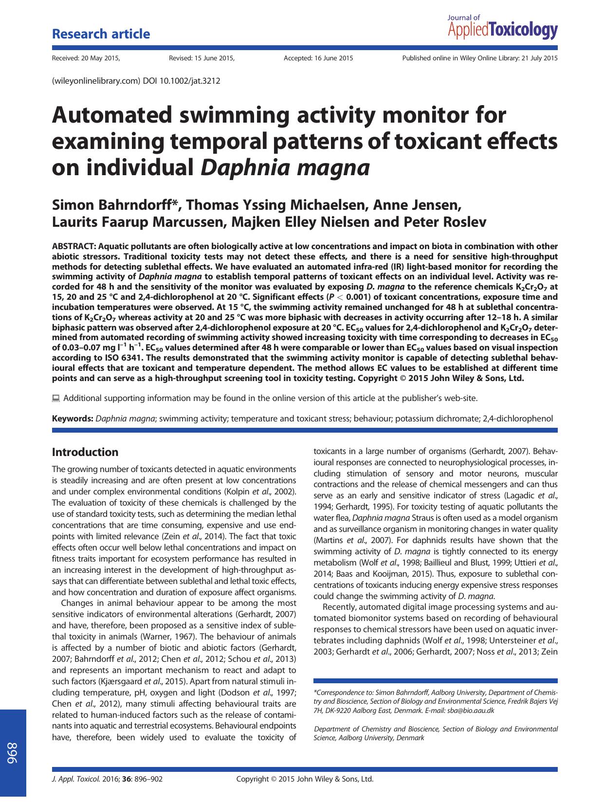 Automated swimming activity monitor for examining temporal patterns of toxicant effects on individual Daphnia magna by unknow