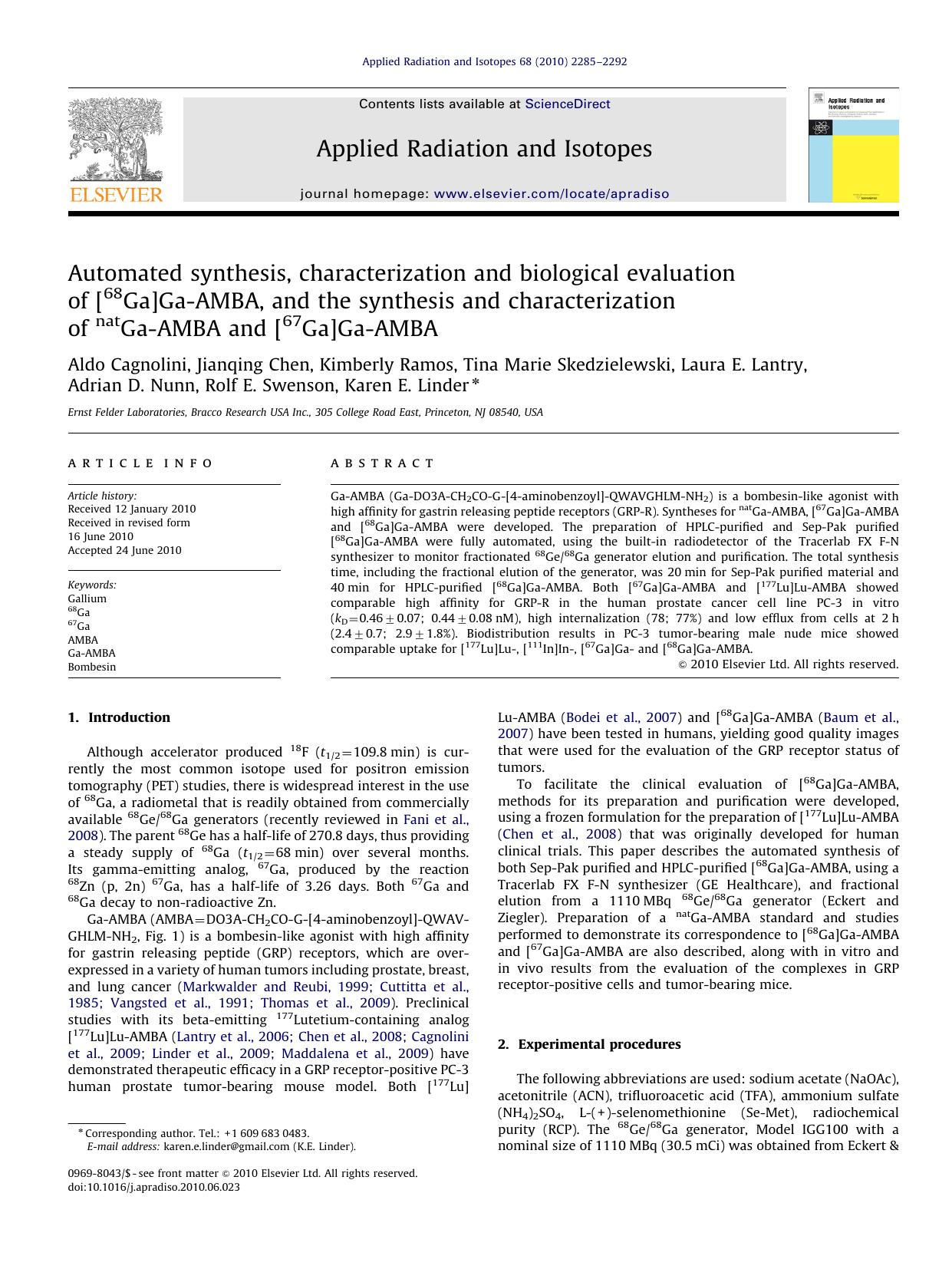Automated synthesis, characterization and biological evaluation of [68Ga]Ga-AMBA, and the synthesis and characterization of natGa-AMBA and [67Ga]Ga-AMBA by unknow