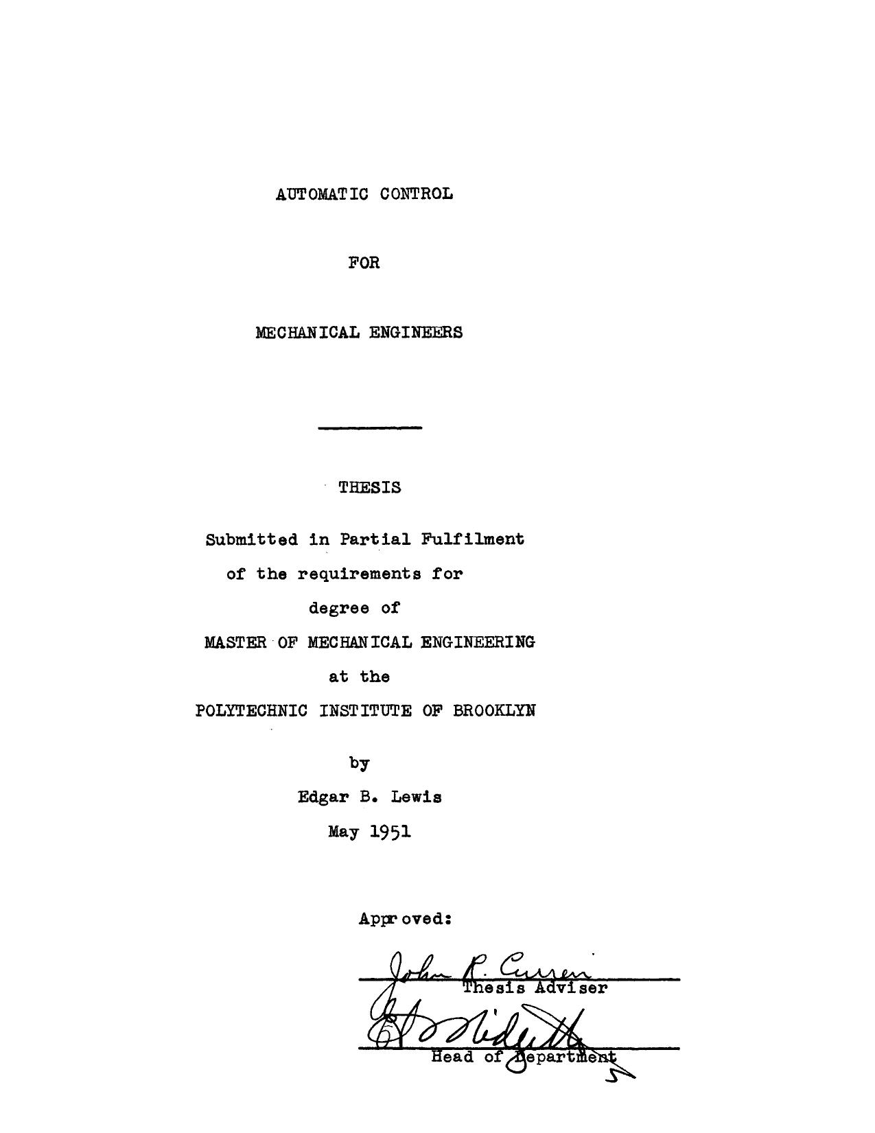 Automatic Control for Mechanical Engineers by Lewis Edgar B