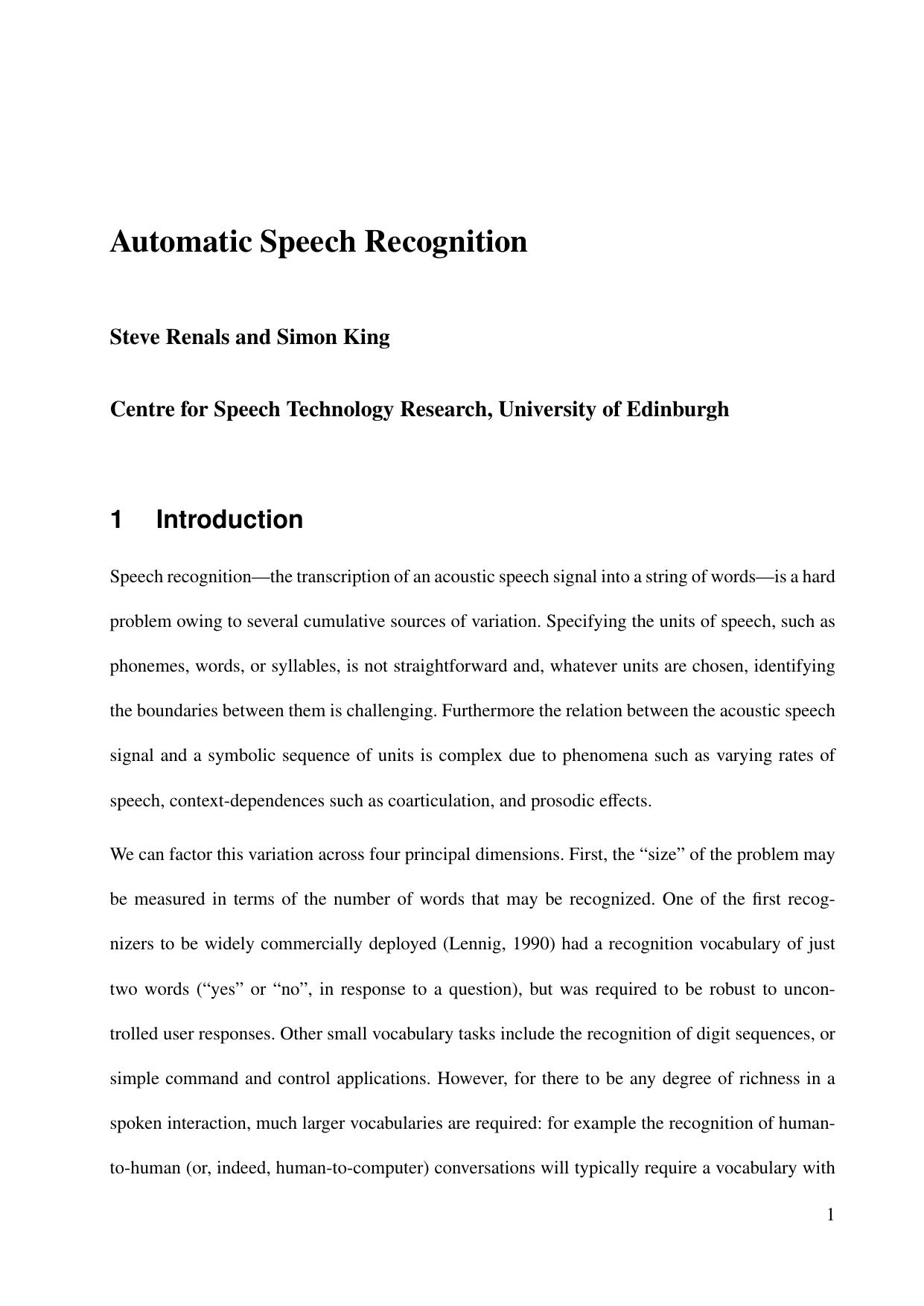 Automatic Speech Recognition by Renals Steve King Simon