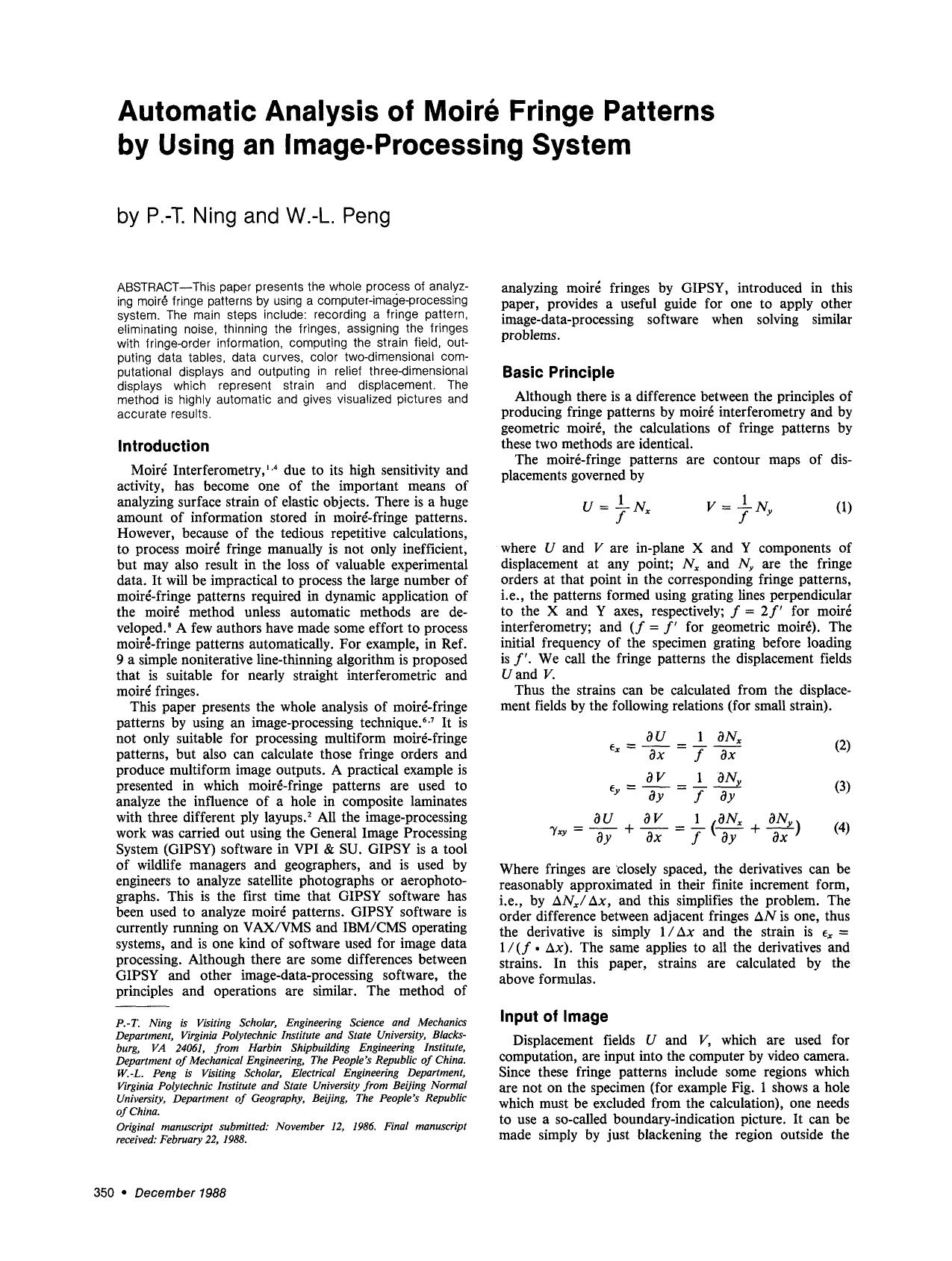 Automatic analysis of moiré fringe patterns by using an image-processing system by Unknown