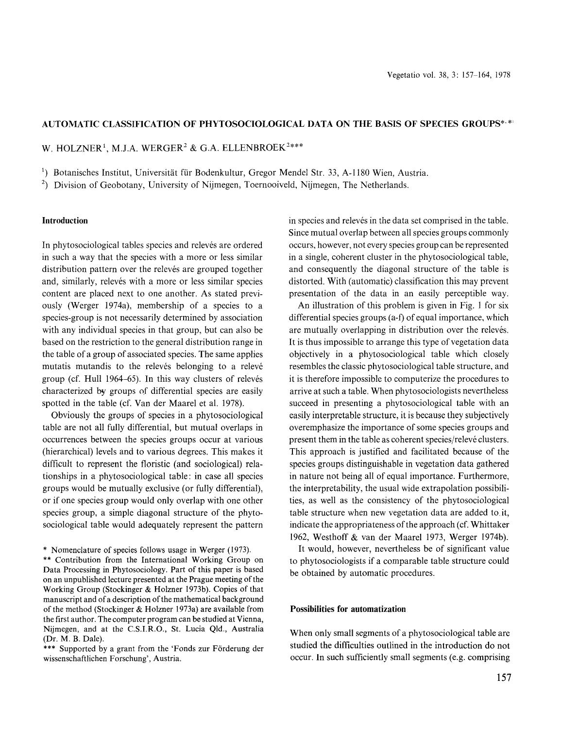 Automatic classification of phytosociological data on the basis of species groups by Unknown