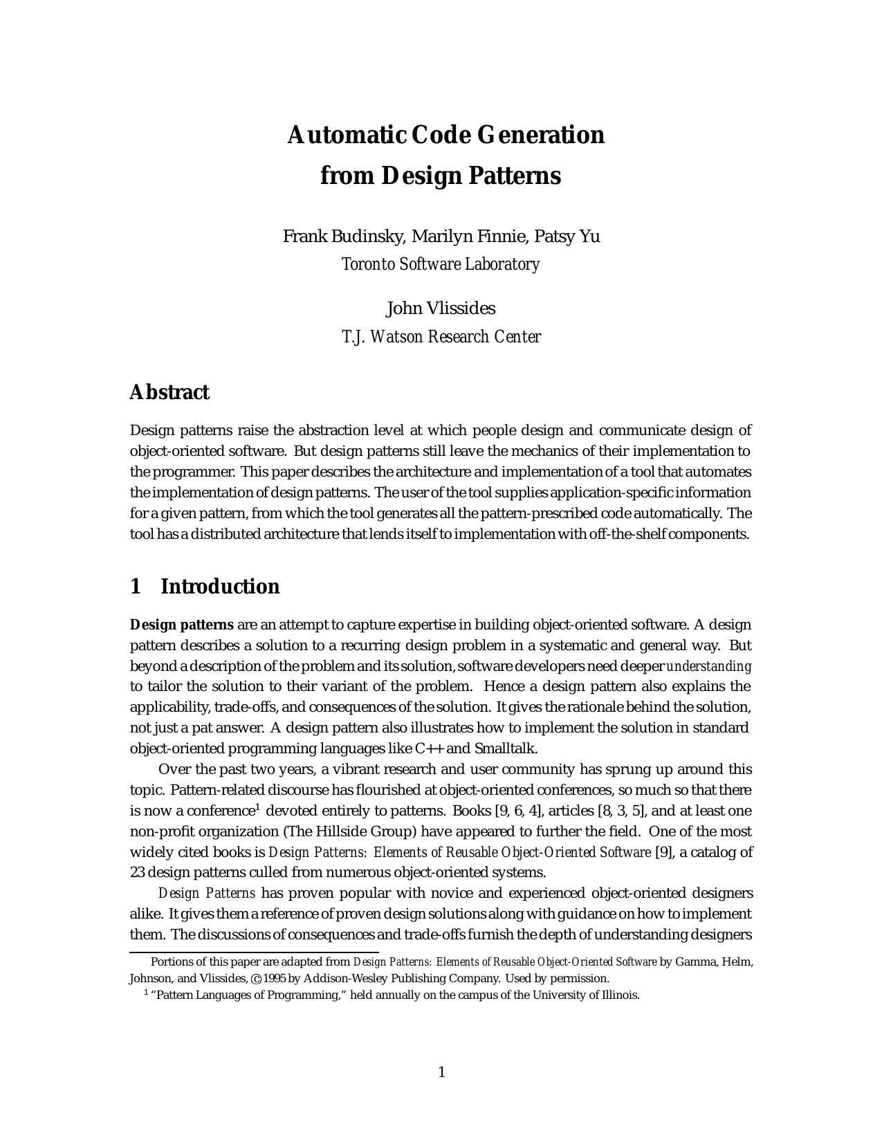 Automatic code generation from design patterns by Budinsky F