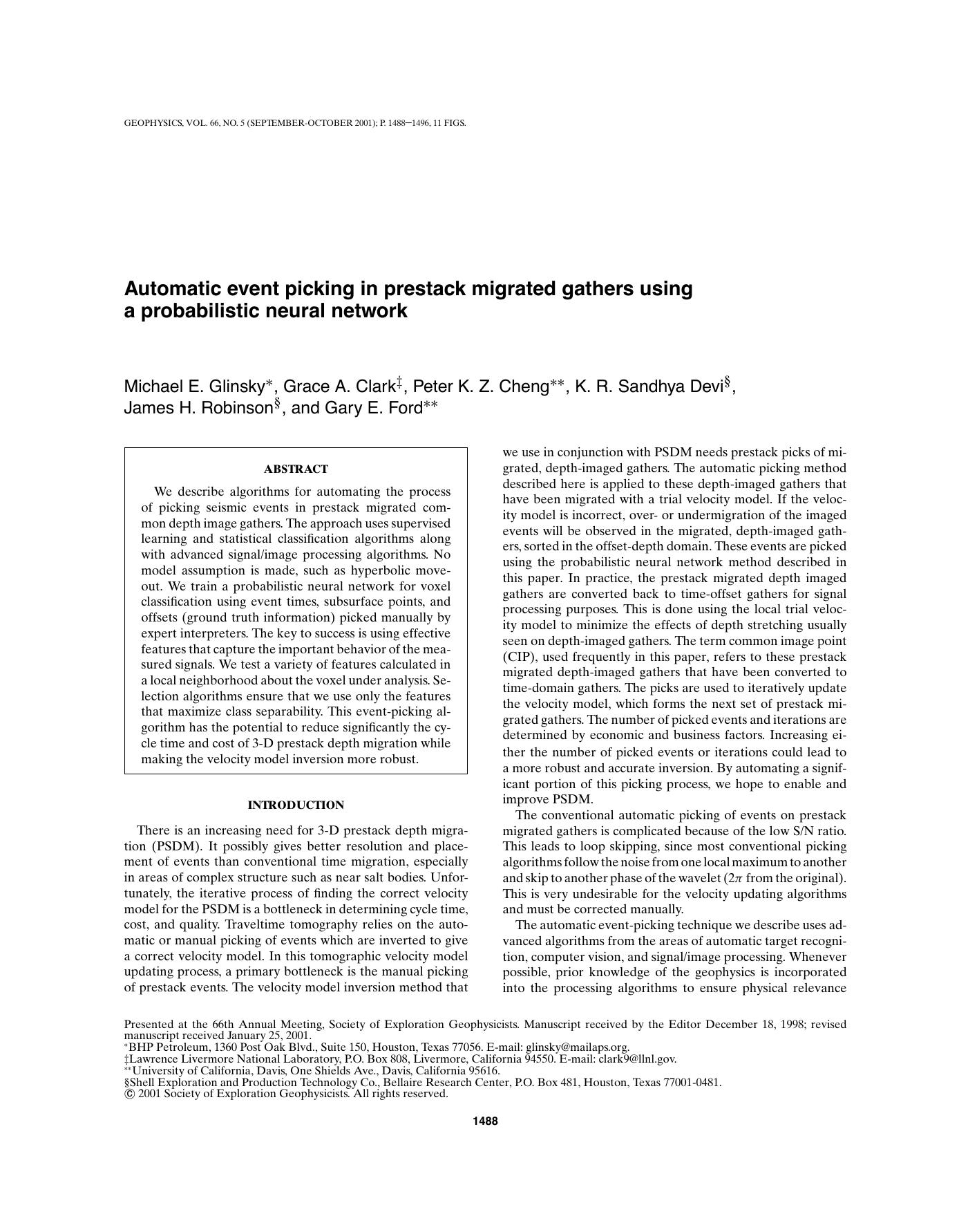 Automatic event picking in prestack migrated gathers using a probabilistic neur by M. E. Glinsky G. A. Clark P. K. Z. Cheng K. R. S. Devi J. H. Robinson G. E