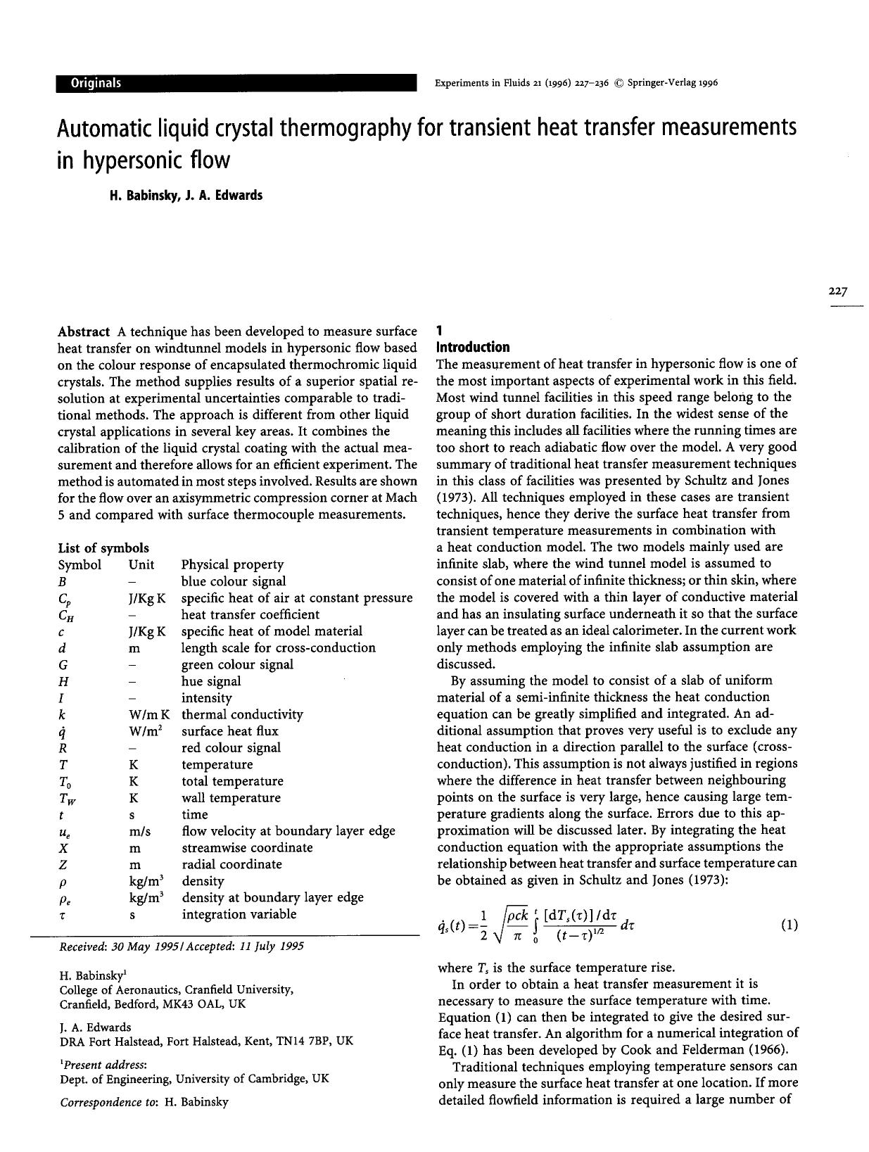Automatic liquid crystal thermography for transient heat transfer measurements in hypersonic flow by Unknown